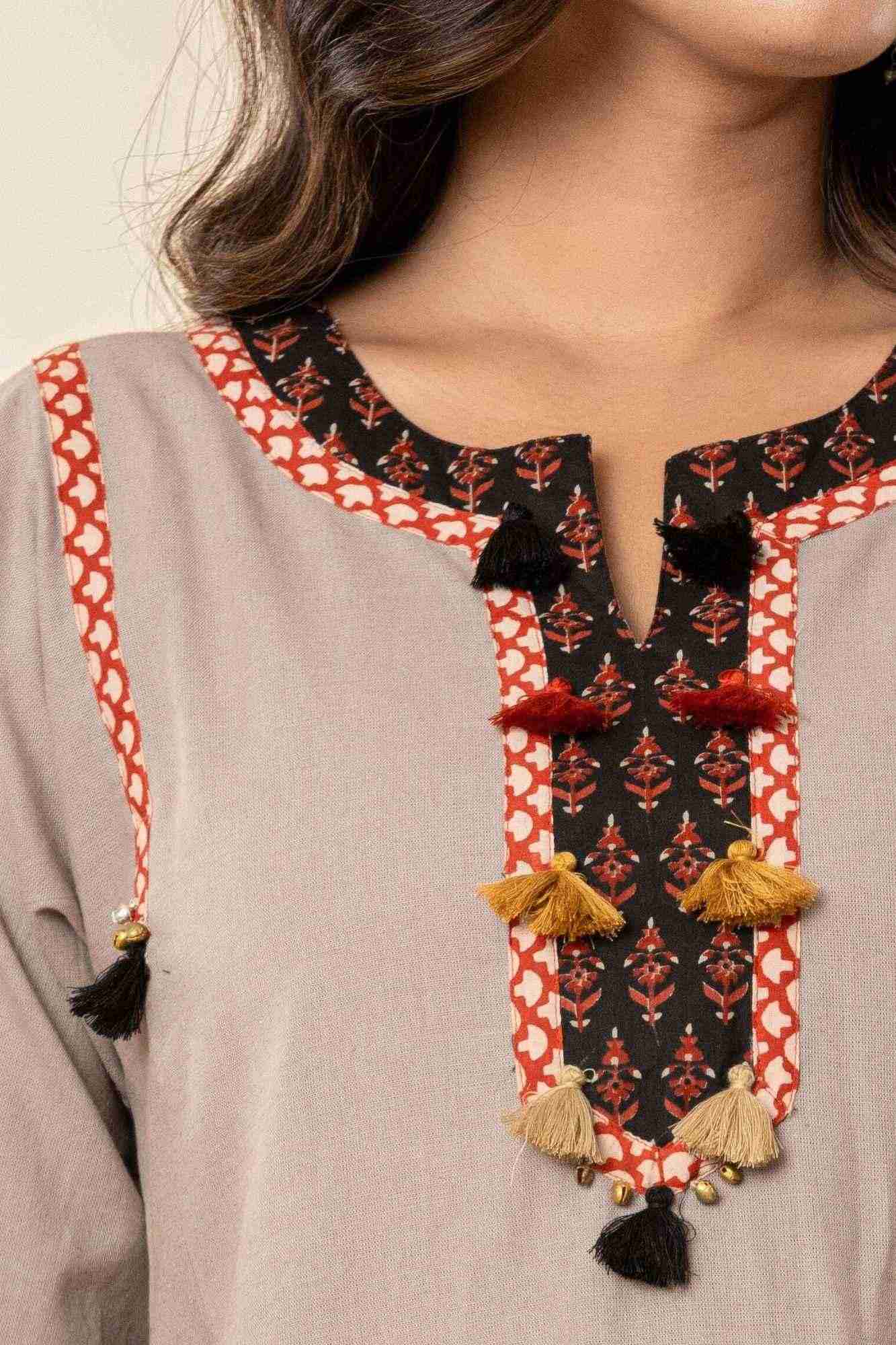 Taupe Cotton Kurta Set with Printed Dupatta