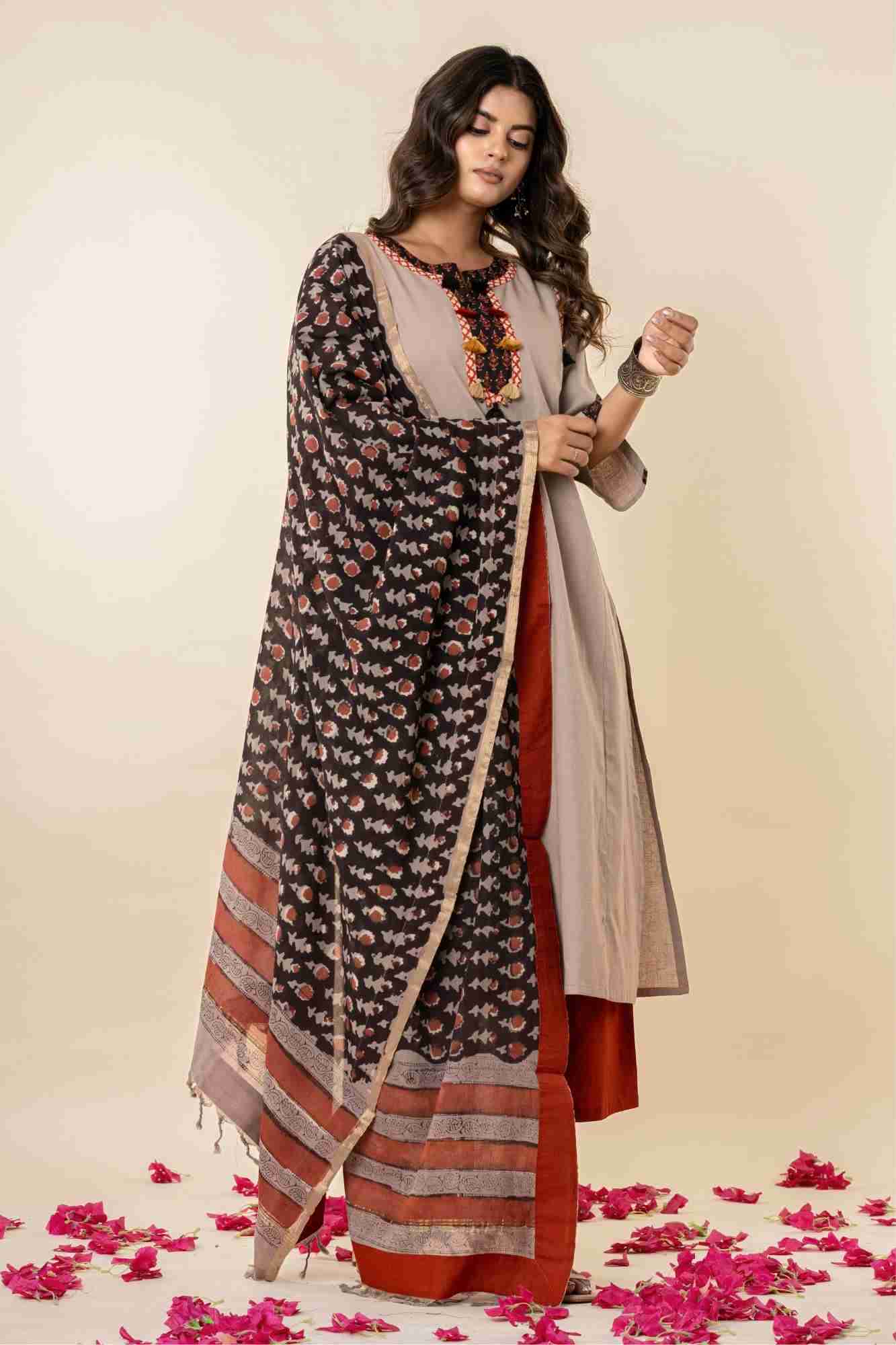 Taupe Cotton Kurta Set with Printed Dupatta