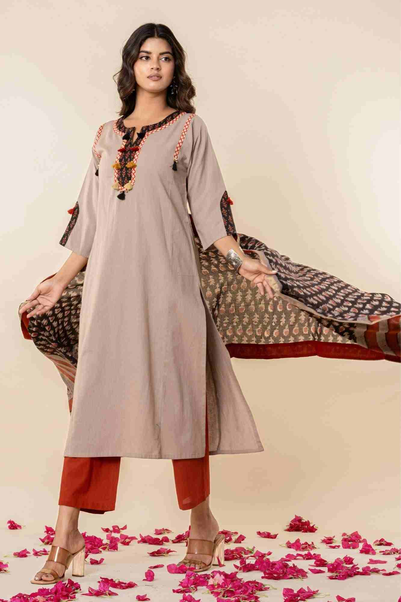 Taupe Cotton Kurta Set with Printed Dupatta