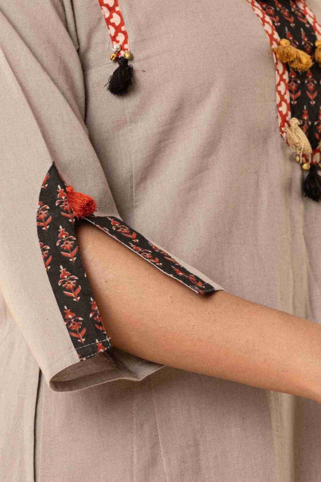 Taupe Cotton Kurta Set with Printed Dupatta