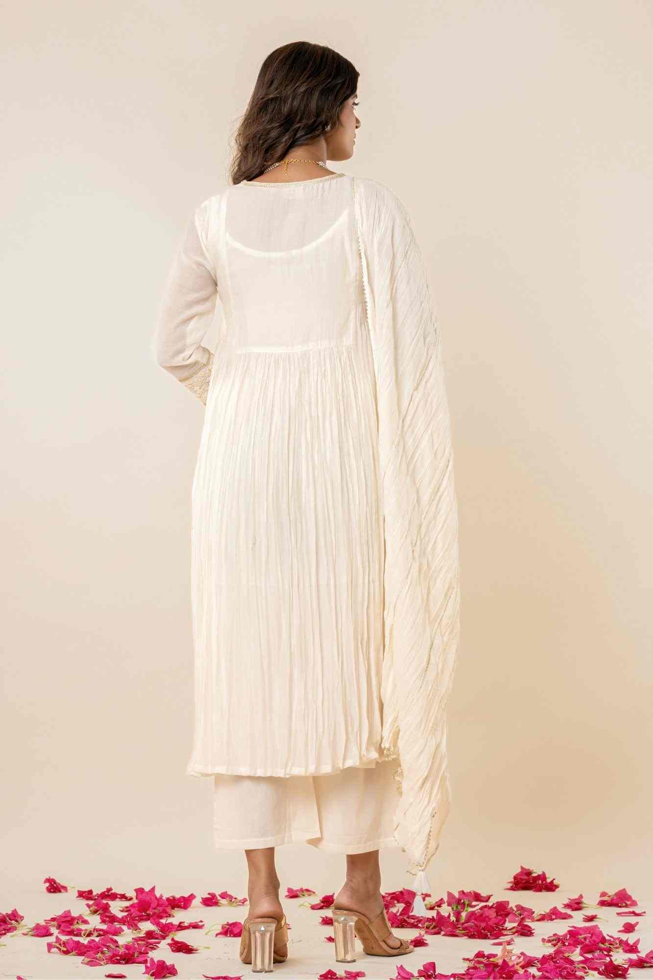 Embroidered Kora White Gathered Kurta Set