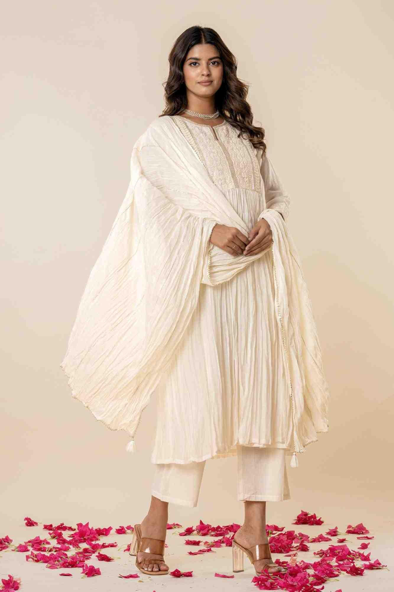 Embroidered Kora White Gathered Kurta Set