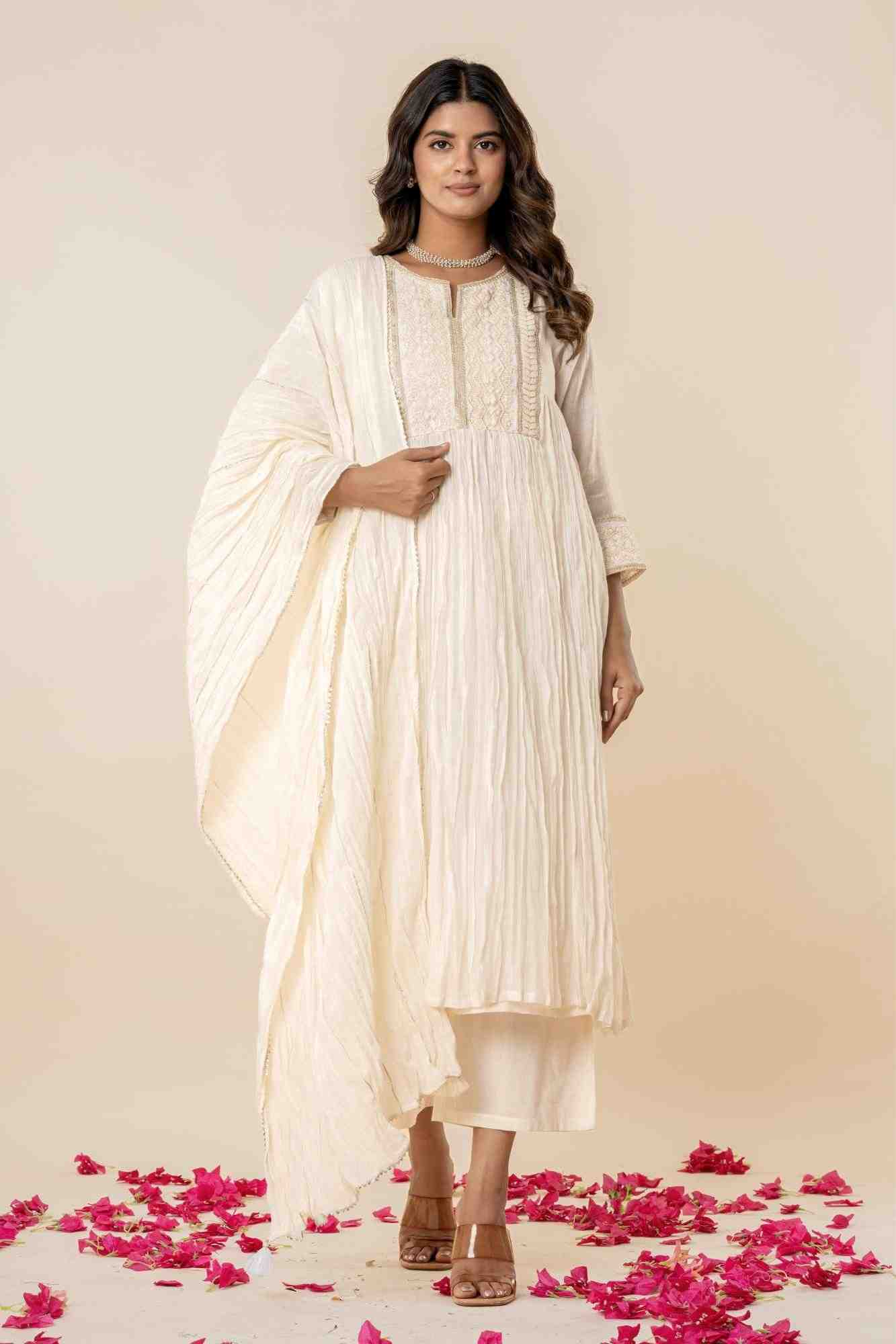 Embroidered Kora White Gathered Kurta Set