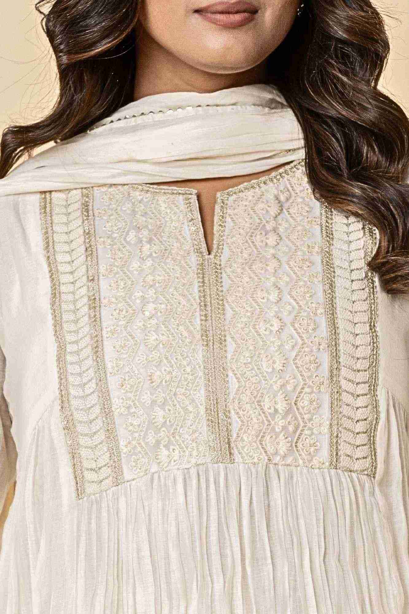 Embroidered Kora White Gathered Kurta Set