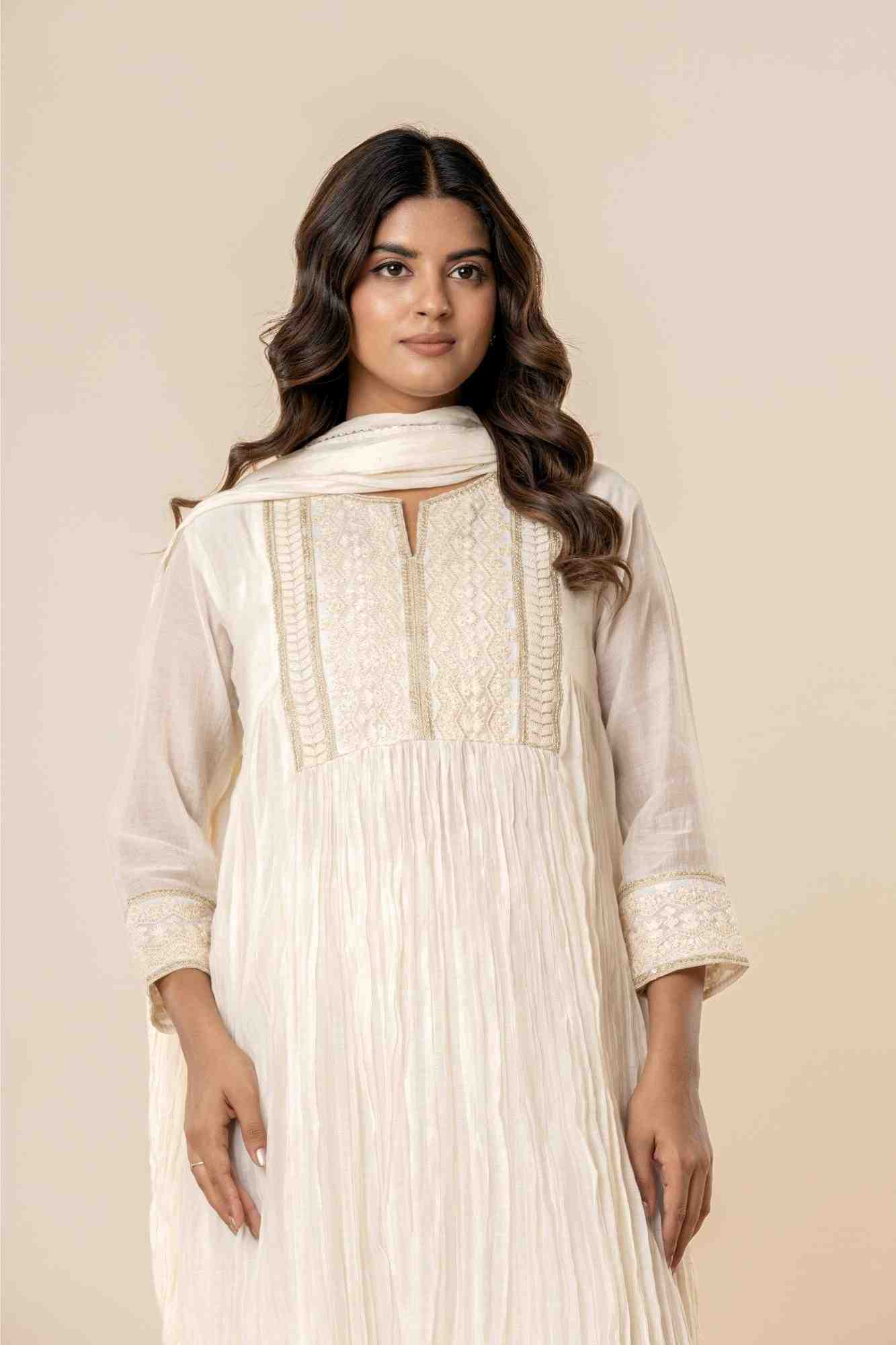 Embroidered Kora White Gathered Kurta Set