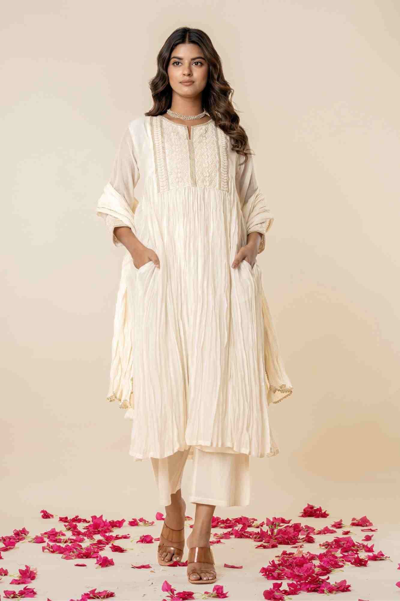 Embroidered Kora White Gathered Kurta Set