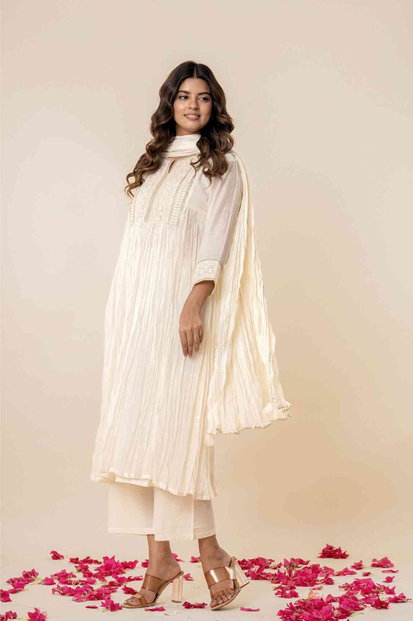 Embroidered Kora White Gathered Kurta Set