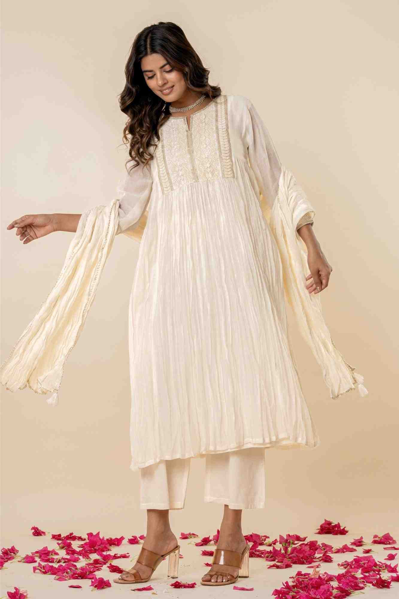 Embroidered Kora White Gathered Kurta Set