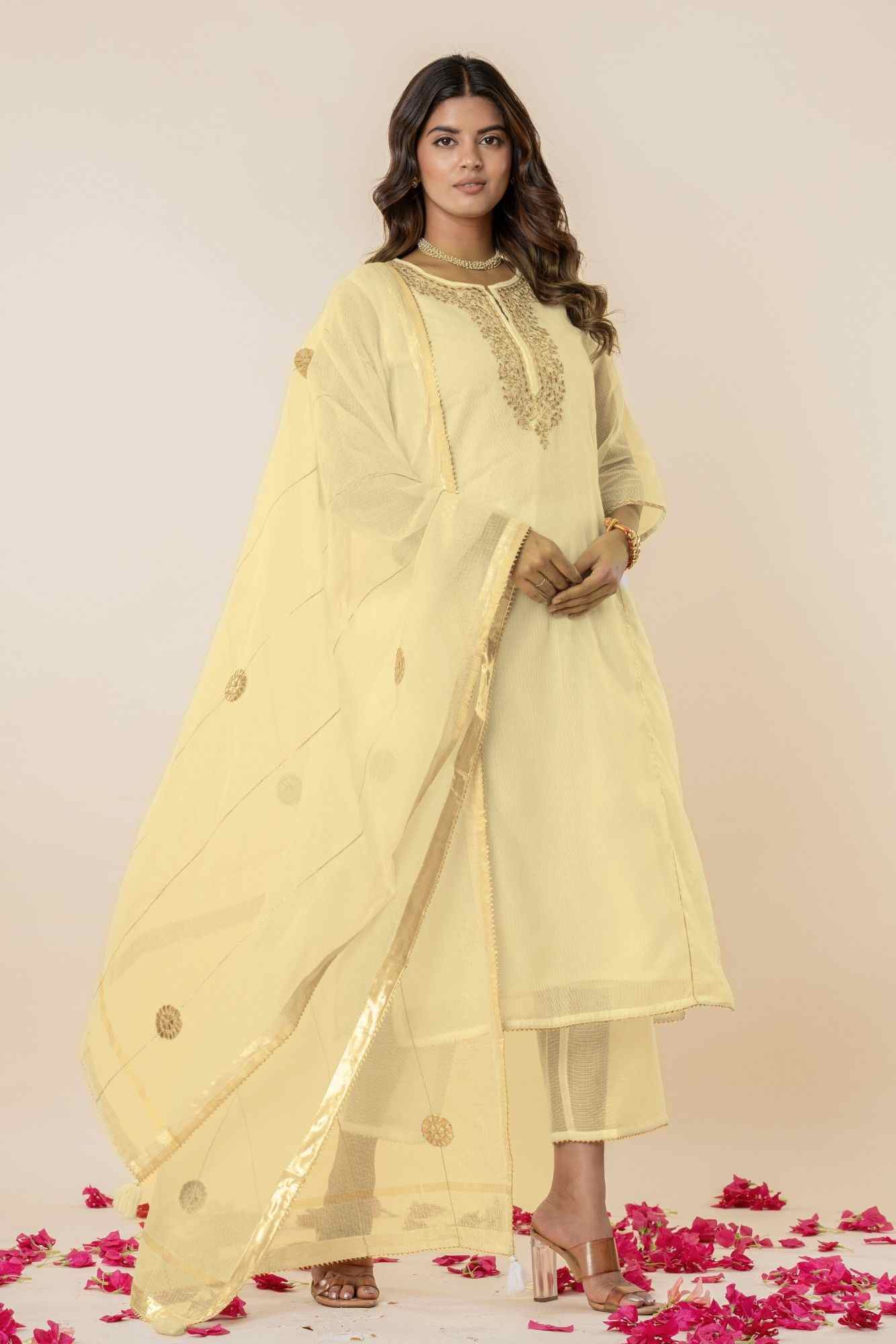 Pale yeloow Kota Doria Gota Patti Kurta Set