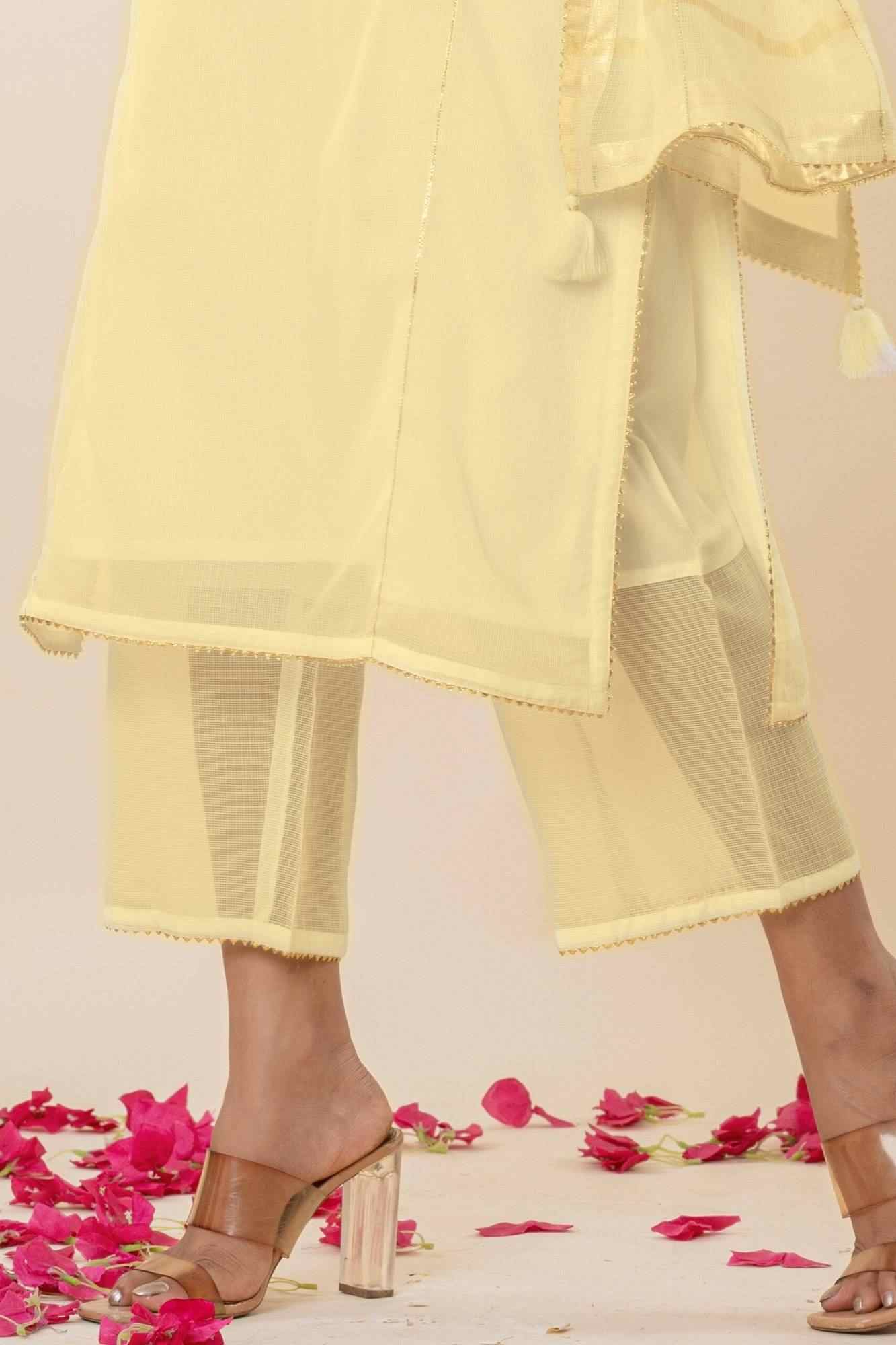 Pale yeloow Kota Doria Gota Patti Kurta Set