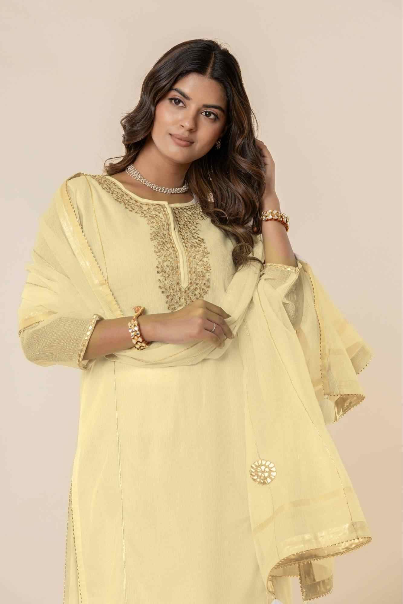 Pale yeloow Kota Doria Gota Patti Kurta Set