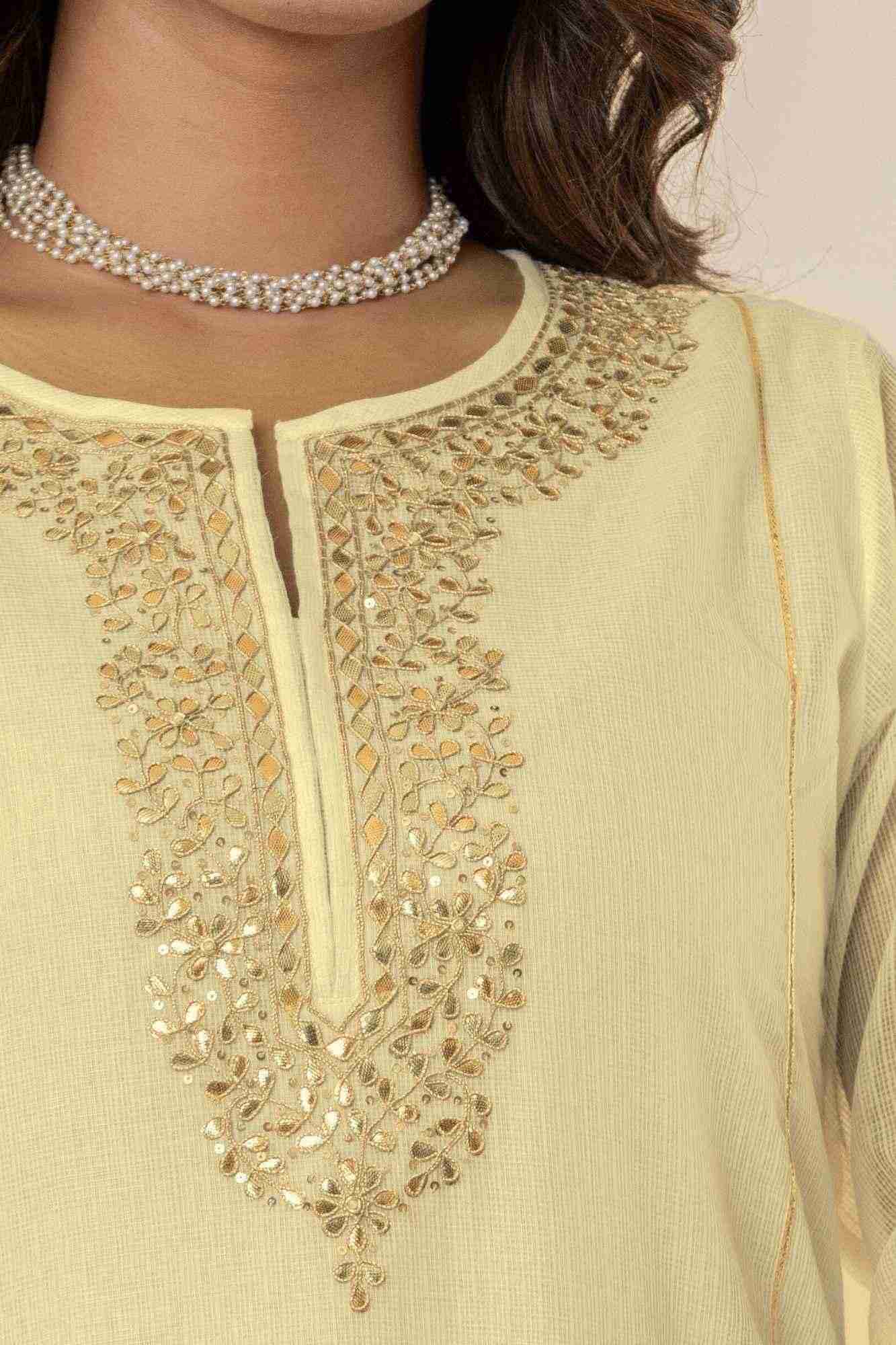 Pale yeloow Kota Doria Gota Patti Kurta Set