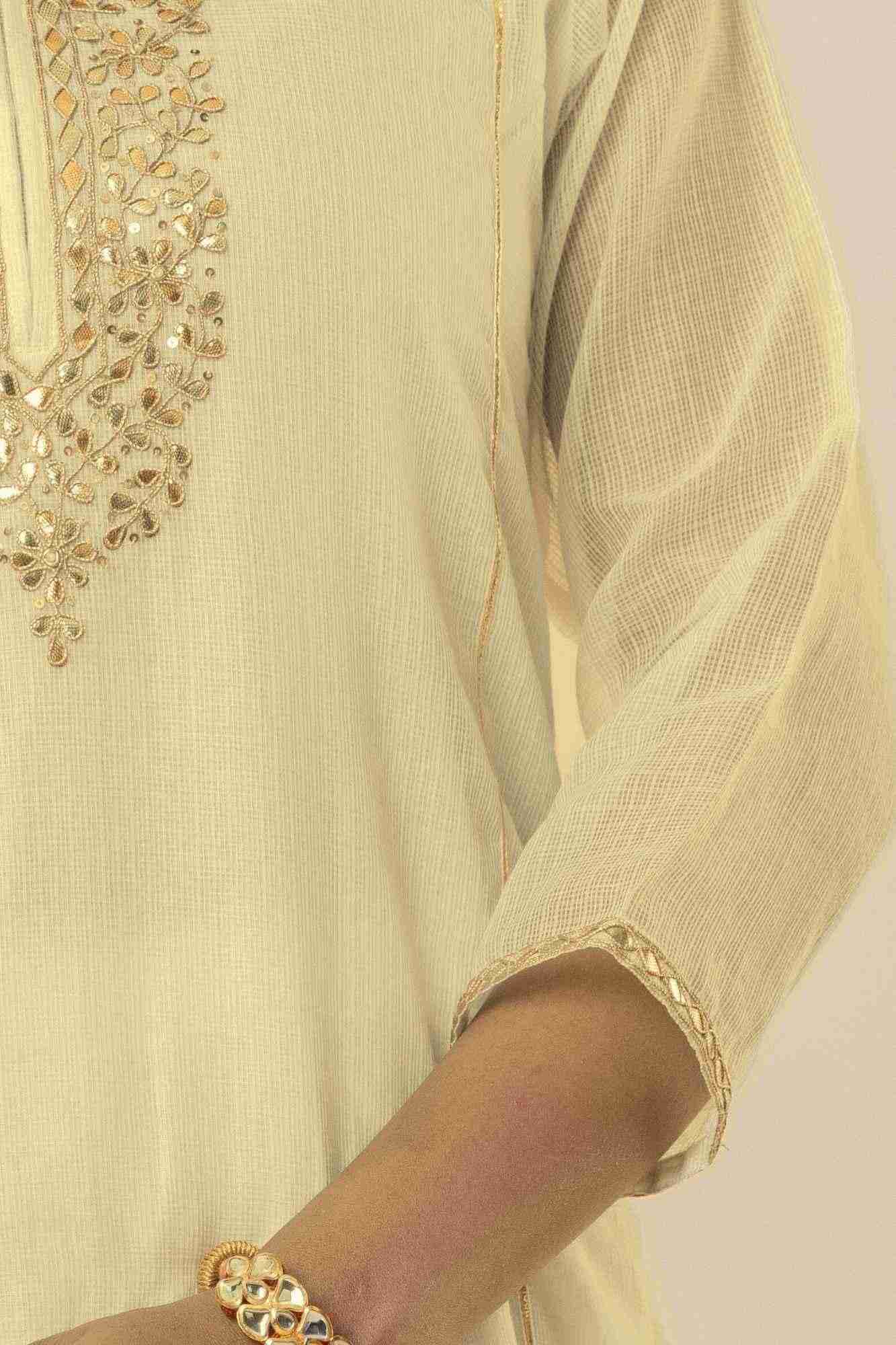 Pale yeloow Kota Doria Gota Patti Kurta Set