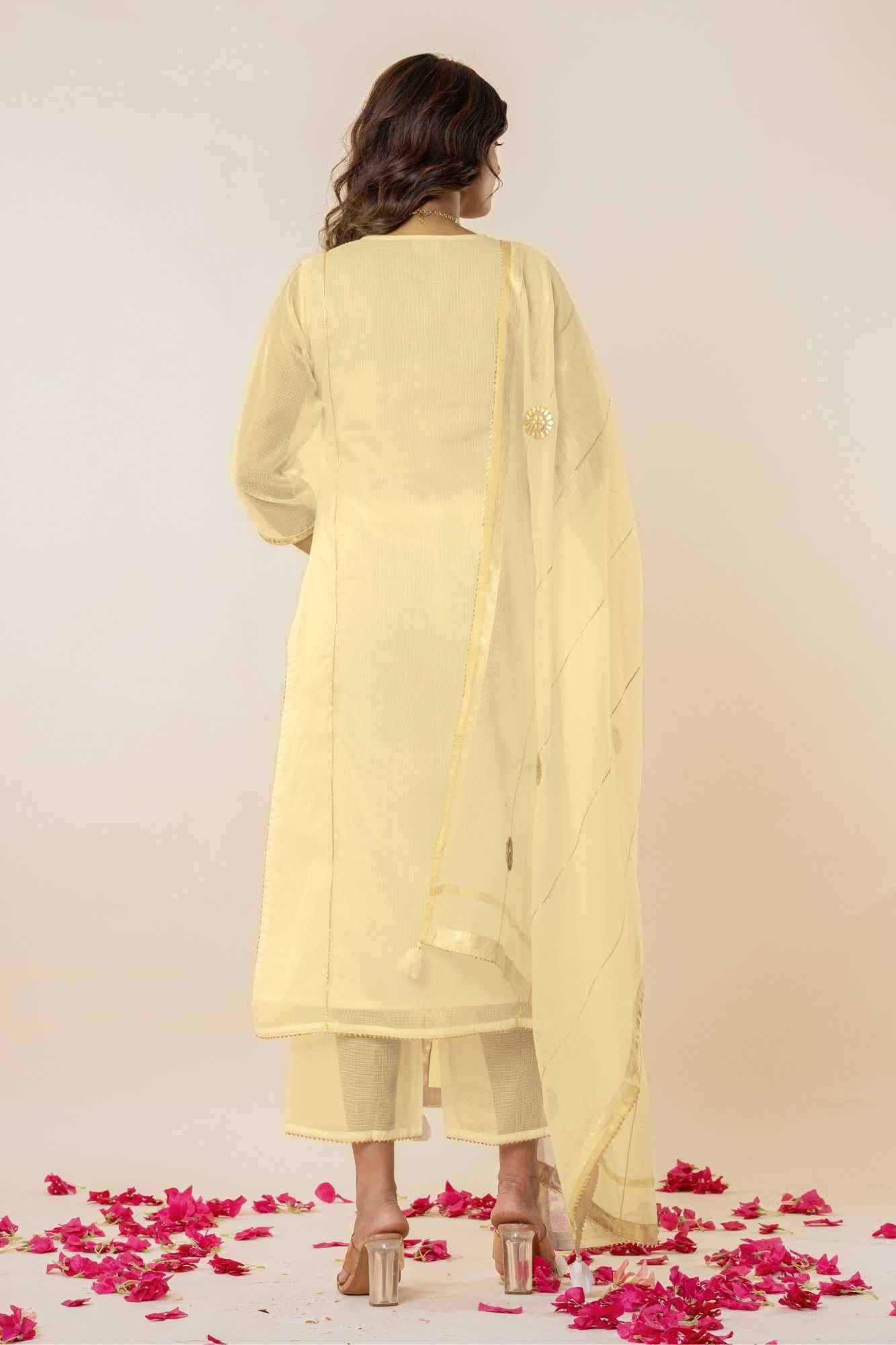 Pale yeloow Kota Doria Gota Patti Kurta Set