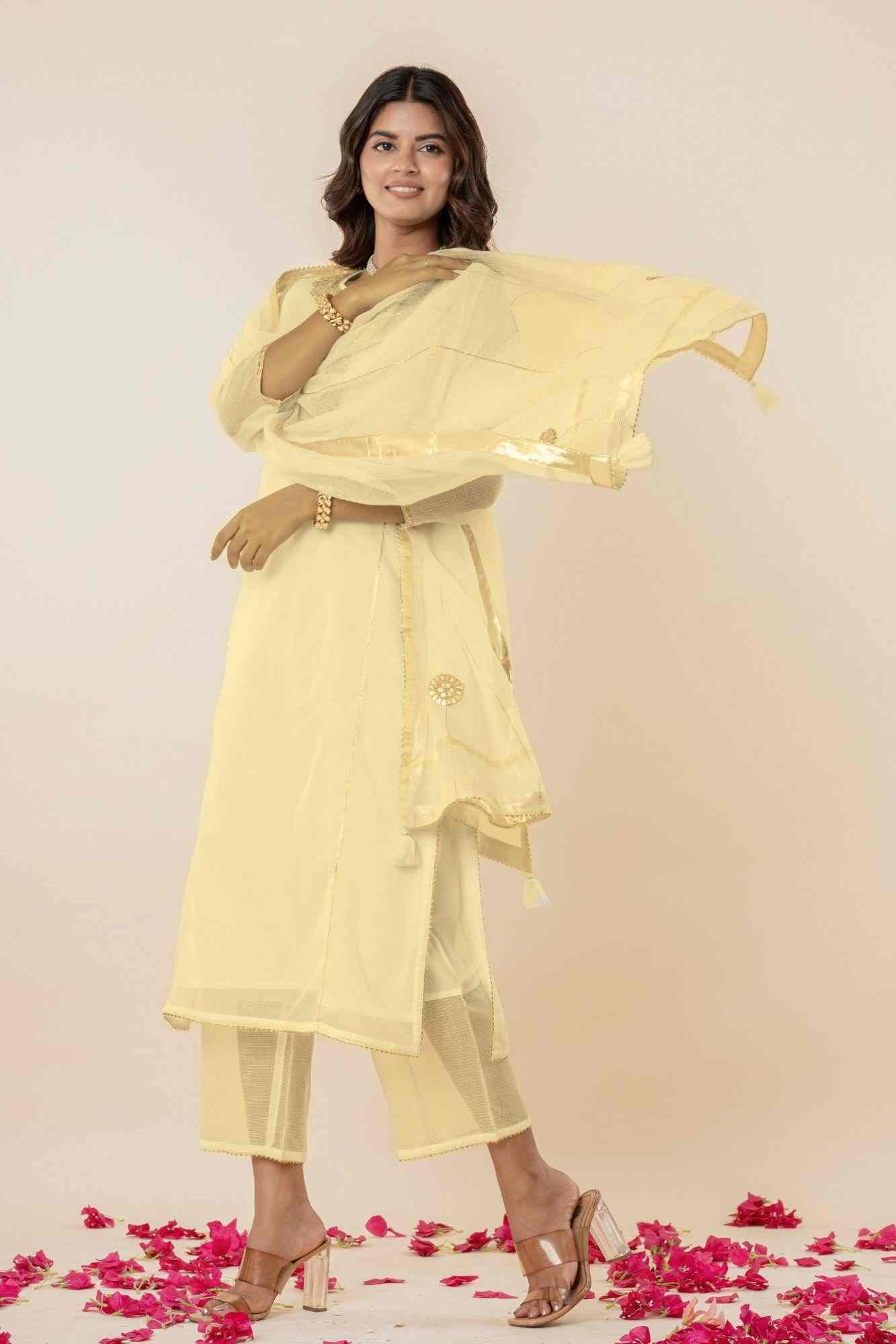 Pale yeloow Kota Doria Gota Patti Kurta Set