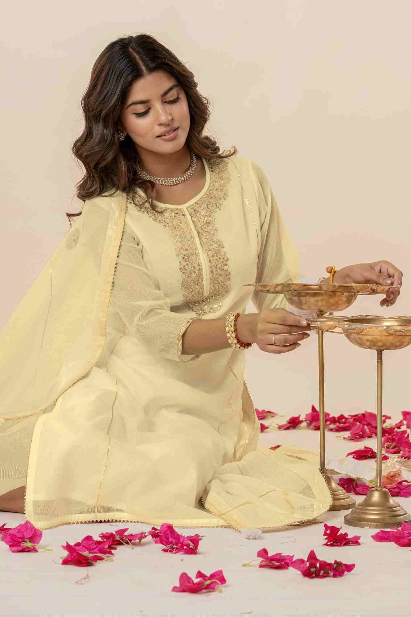 Pale yeloow Kota Doria Gota Patti Kurta Set