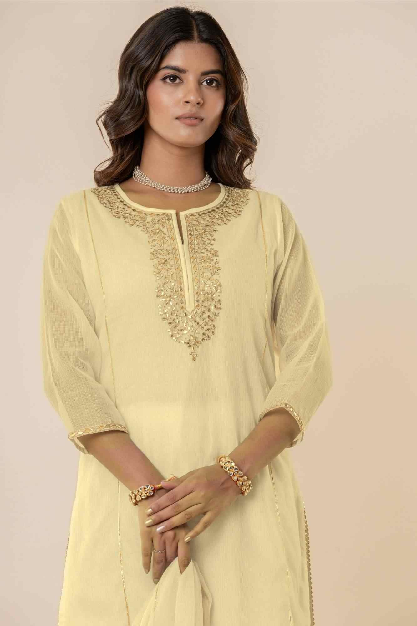Pale yeloow Kota Doria Gota Patti Kurta Set