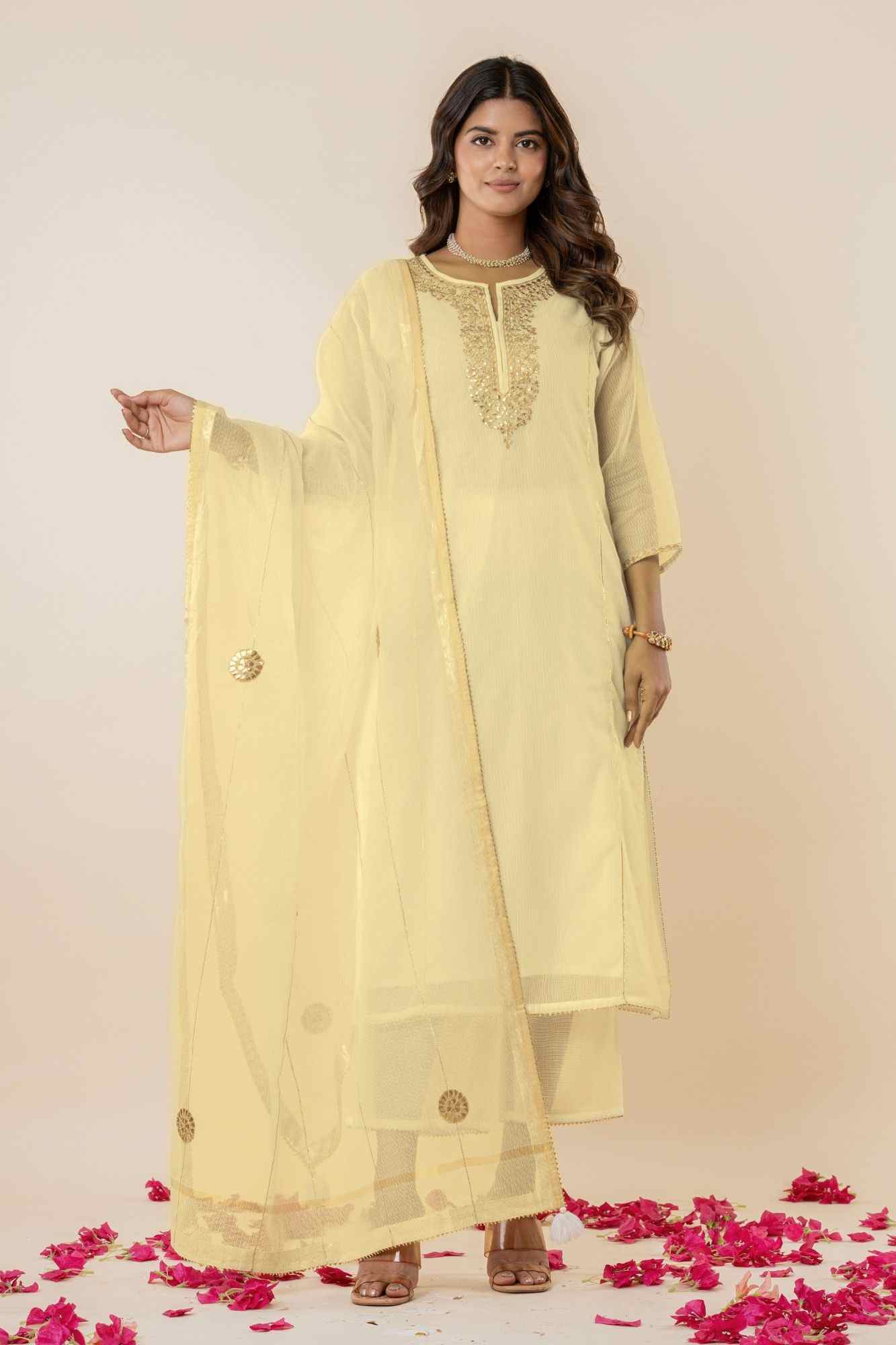 Pale yeloow Kota Doria Gota Patti Kurta Set
