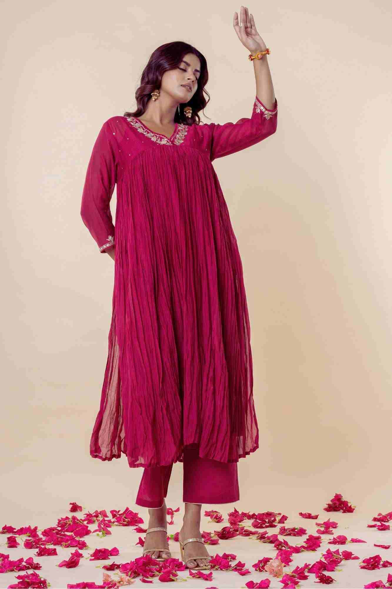 Deep Rose Zardozi Kurti Pant Set