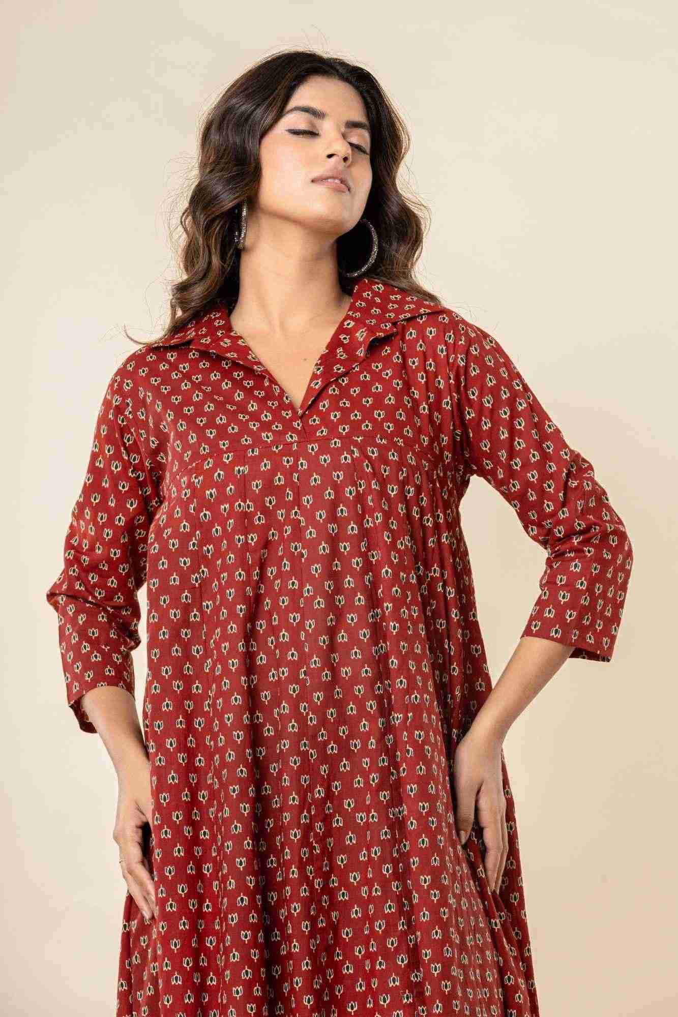 Maroon Collared A-Line Cotton Kurta