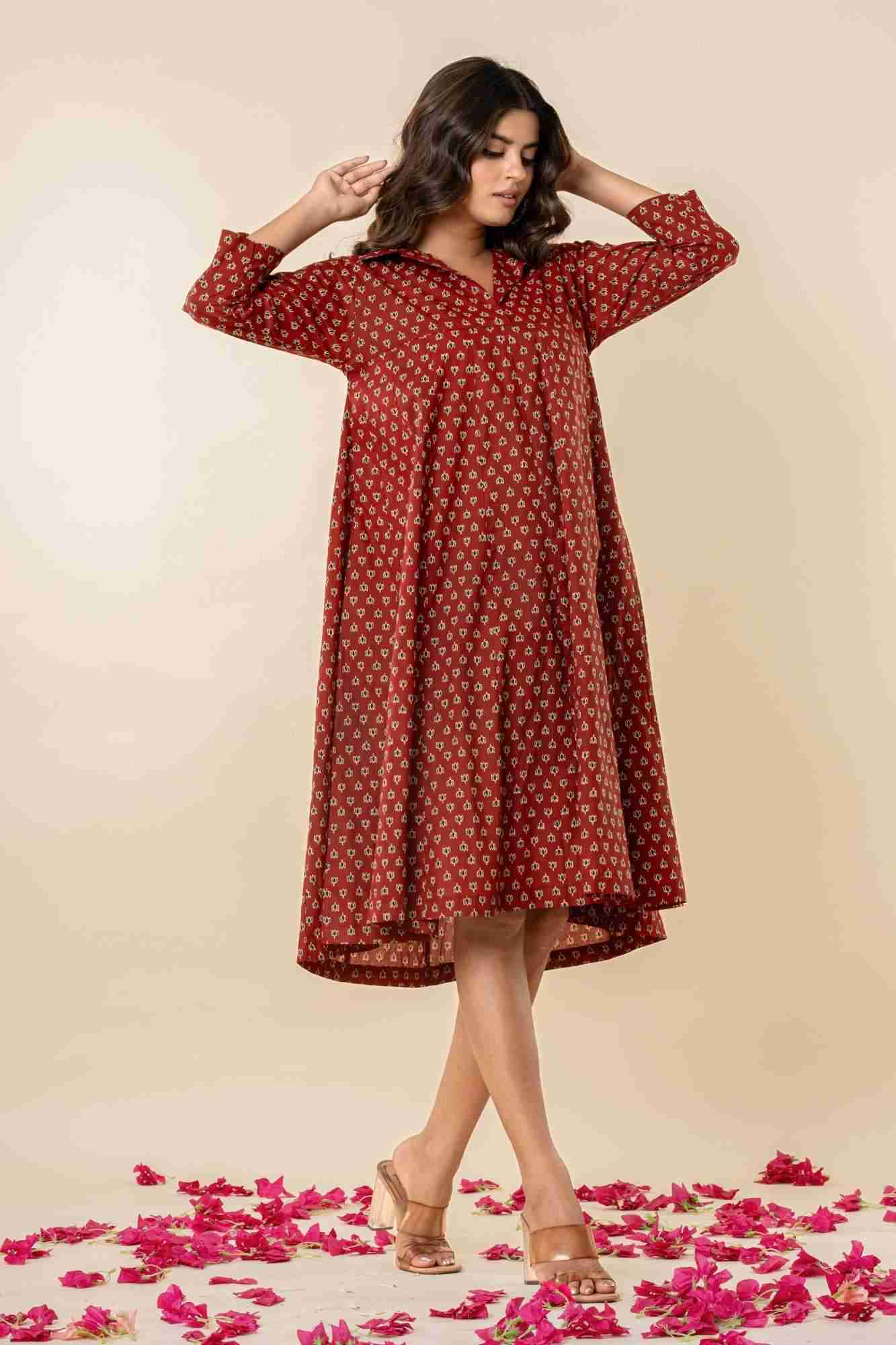 Maroon Collared A-Line Cotton Kurta