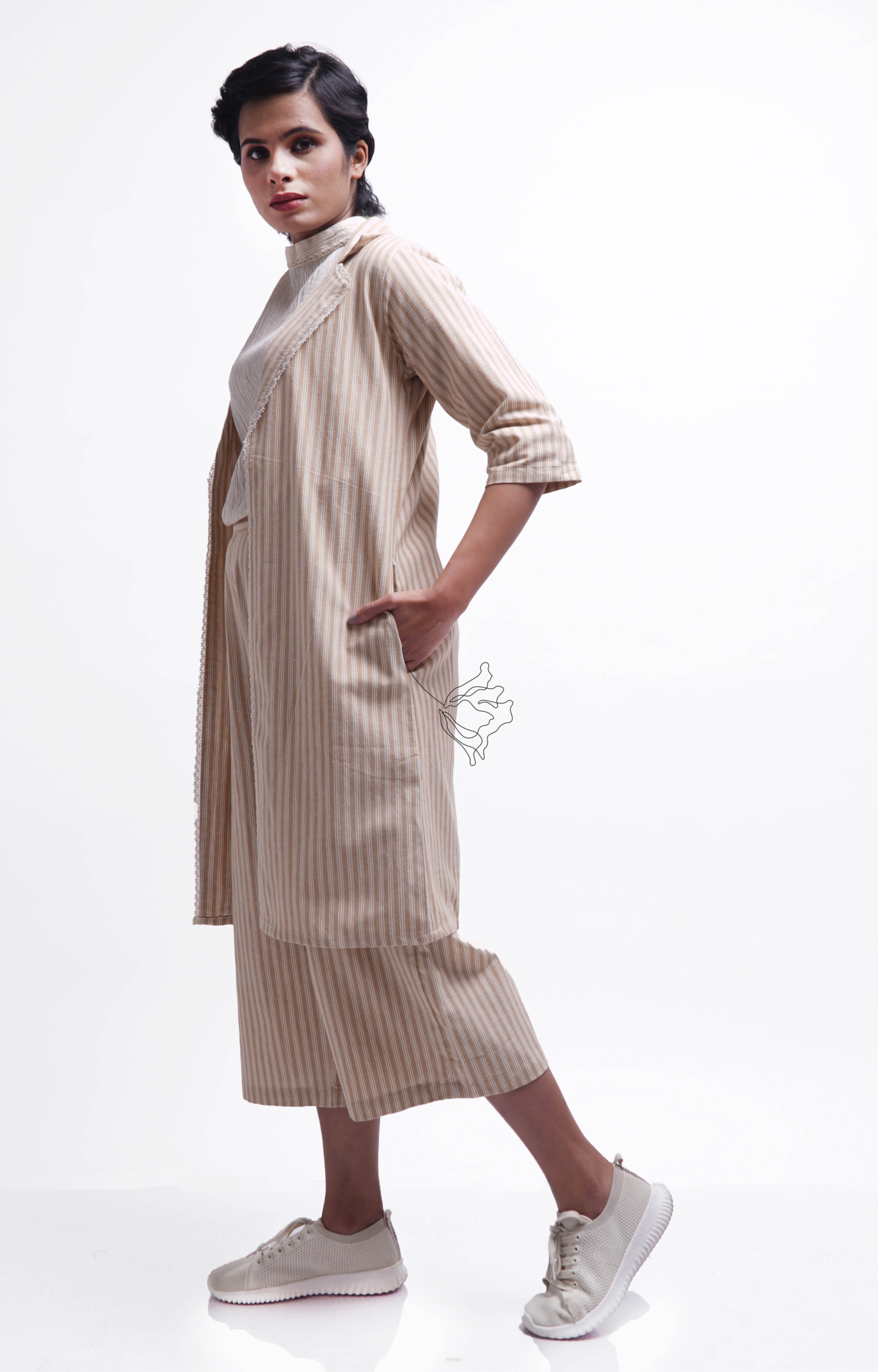  Beige Striped Overgarment with Culottes