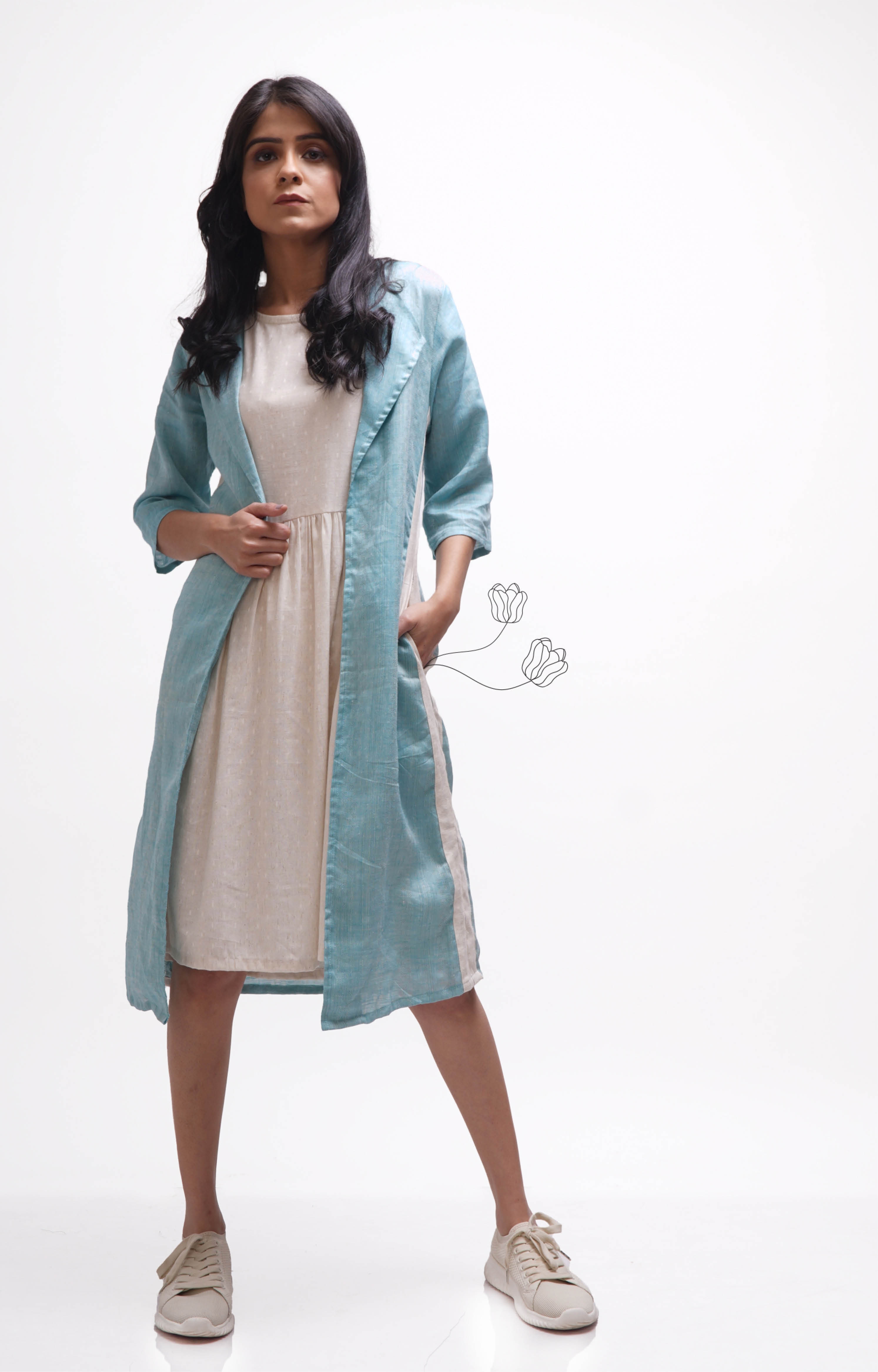 Cream Coloured Dress with Blue Overgarment.