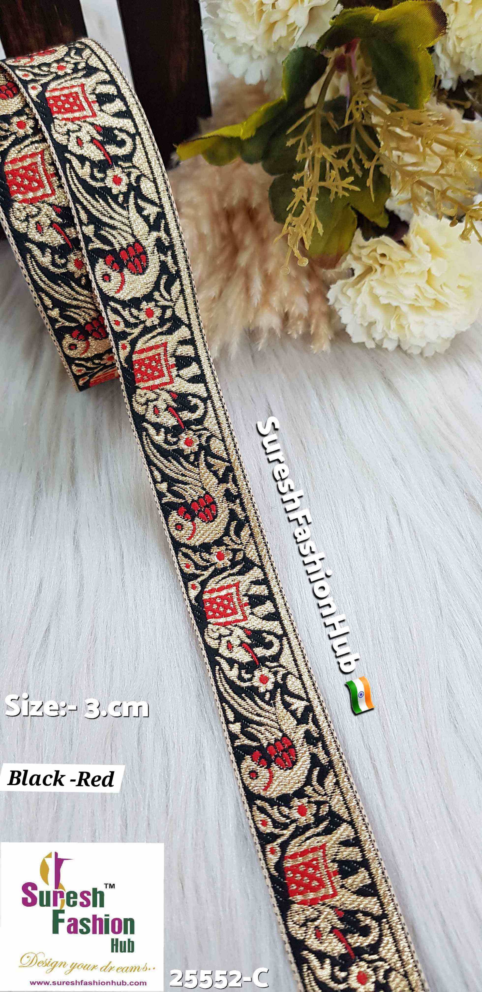 Black & Red Color Elephant Parrot Banarasi Lace
