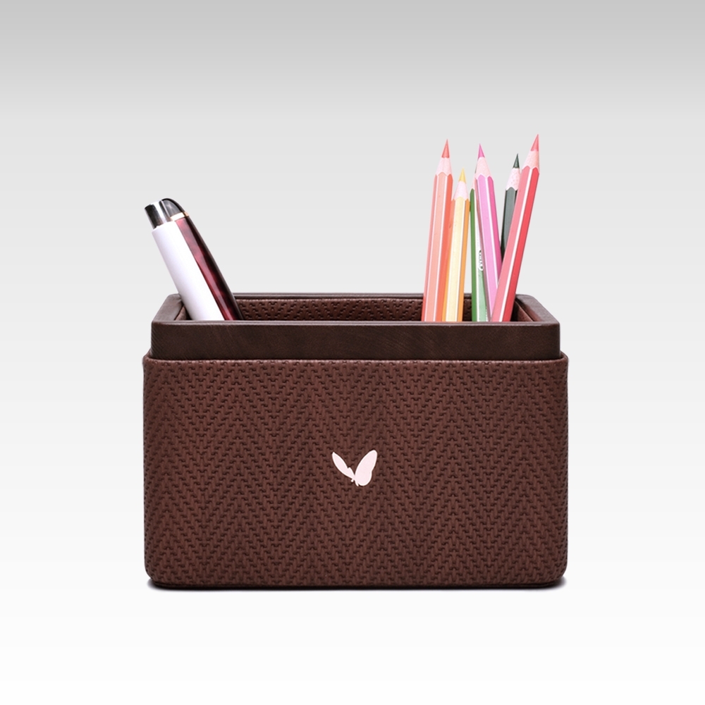 Ultra Premium Pen/Pencil Holder / Desk Organizer / Accessories in Premium Faux Leather | Rectangular | Size: 3.5x5.5x3.5(H) Inches | Two Compartment | Chevron Series (Brown)