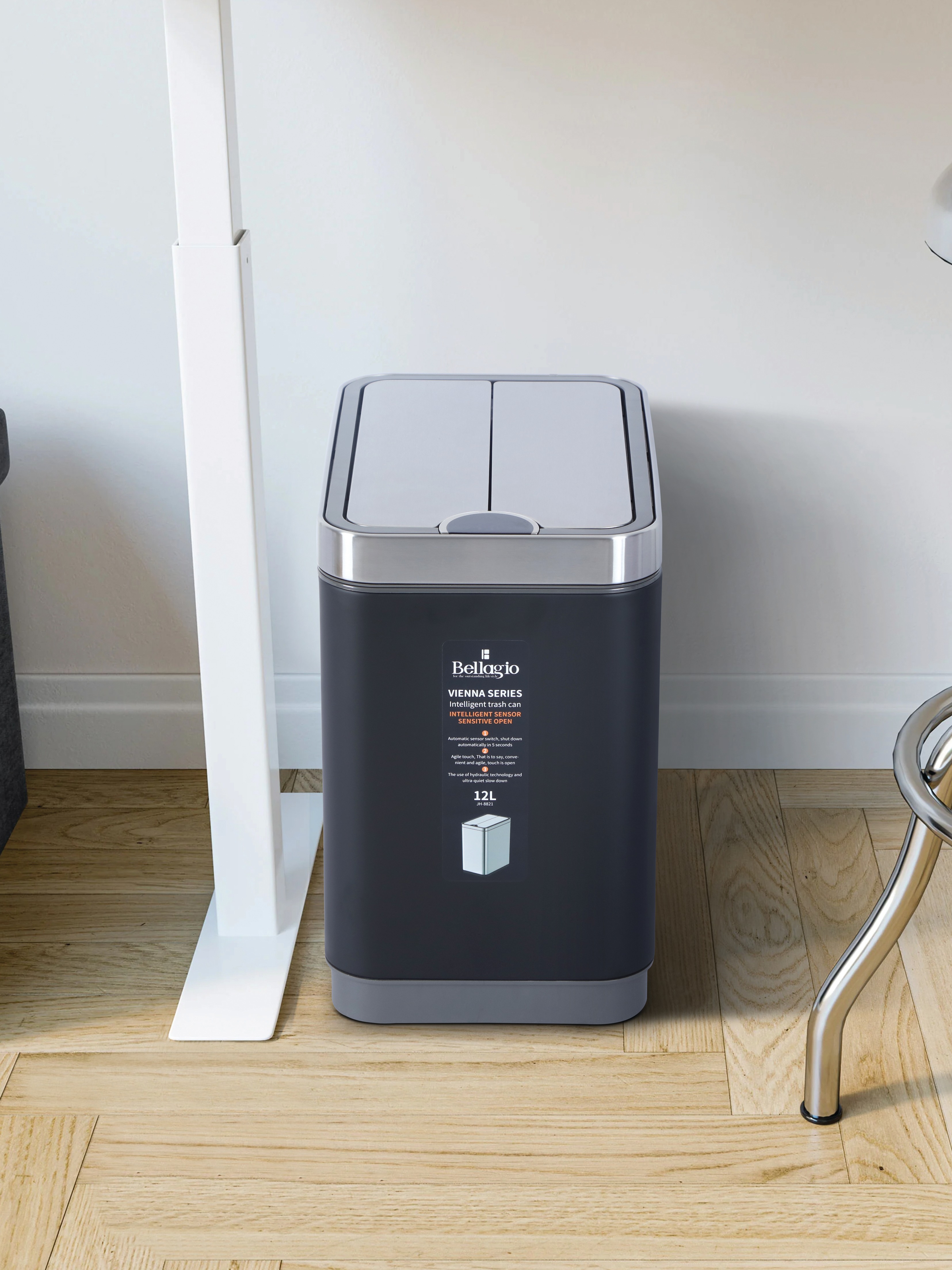 Bellagio Black 12L Sensor 410High-Quality Stainless Steel Intelligent Trash Can/DustBin With Legs