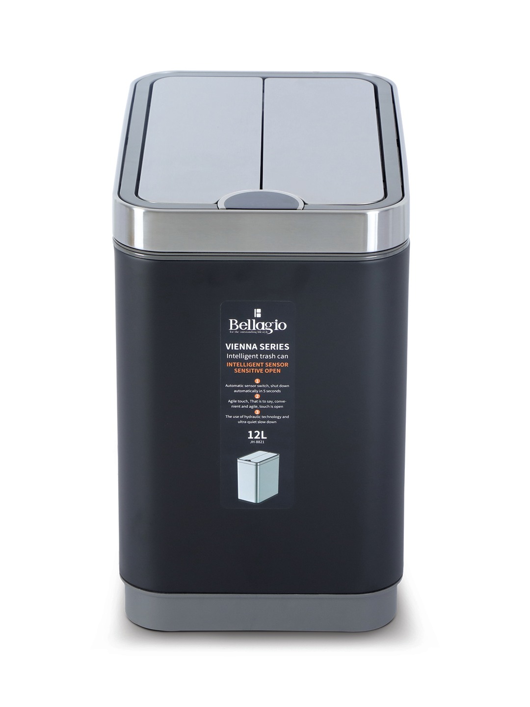 Bellagio Black 12L Sensor 410High-Quality Stainless Steel Intelligent Trash Can/DustBin With Legs