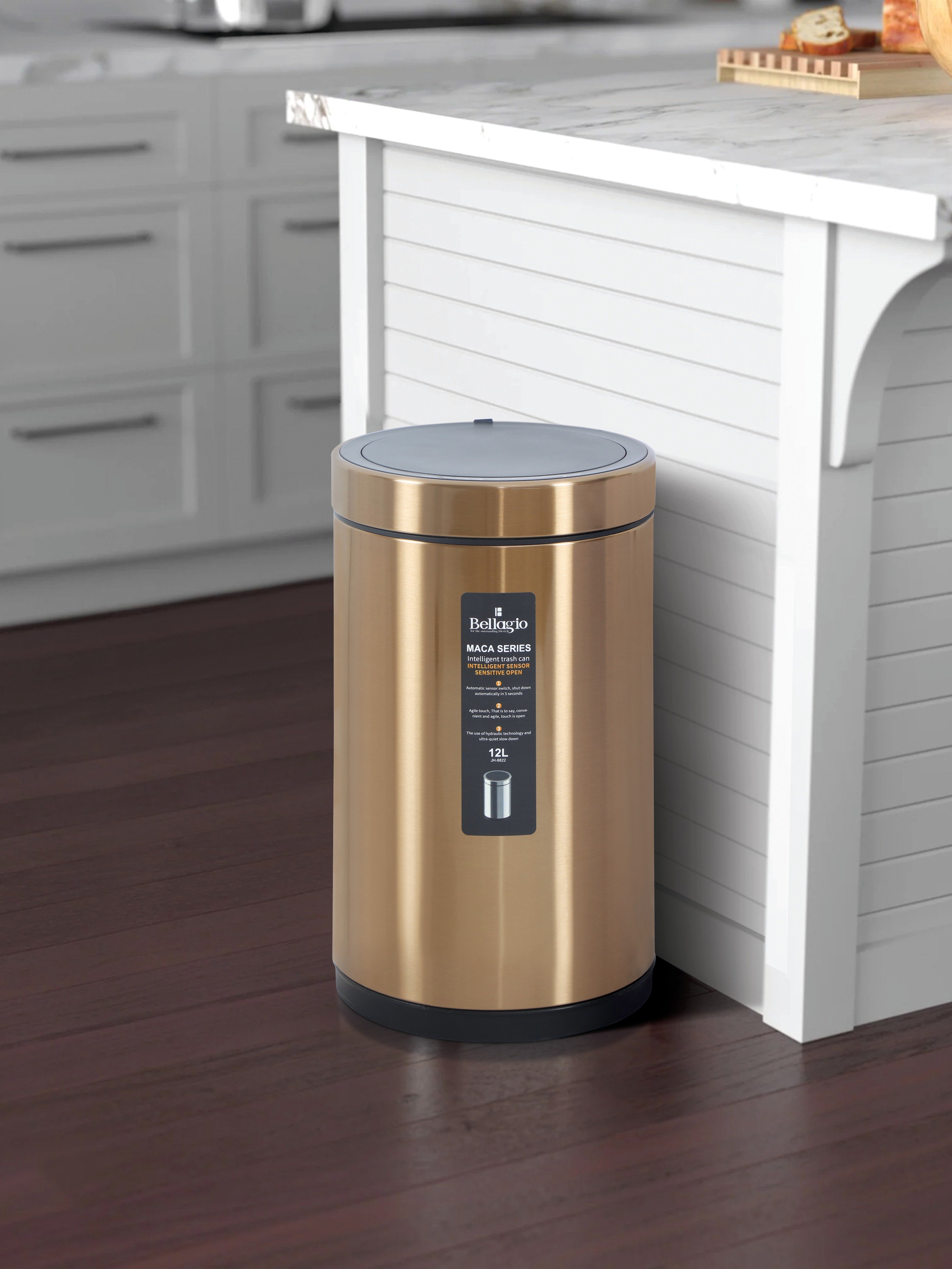 Bellagio Bronze Copper 12L Cylindrical Shape Sensor 410High-Quality Stainless Steel Intelligent Trash Can/DustBin