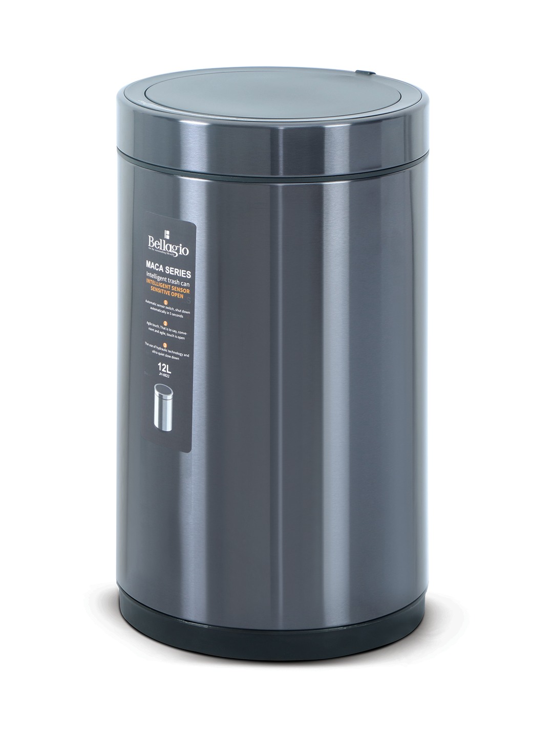 Bellagio BrushedBlack 12L Cylindrical Shape Sensor 410High-Quality Stainless Steel Intelligent Trash Can/DustBin