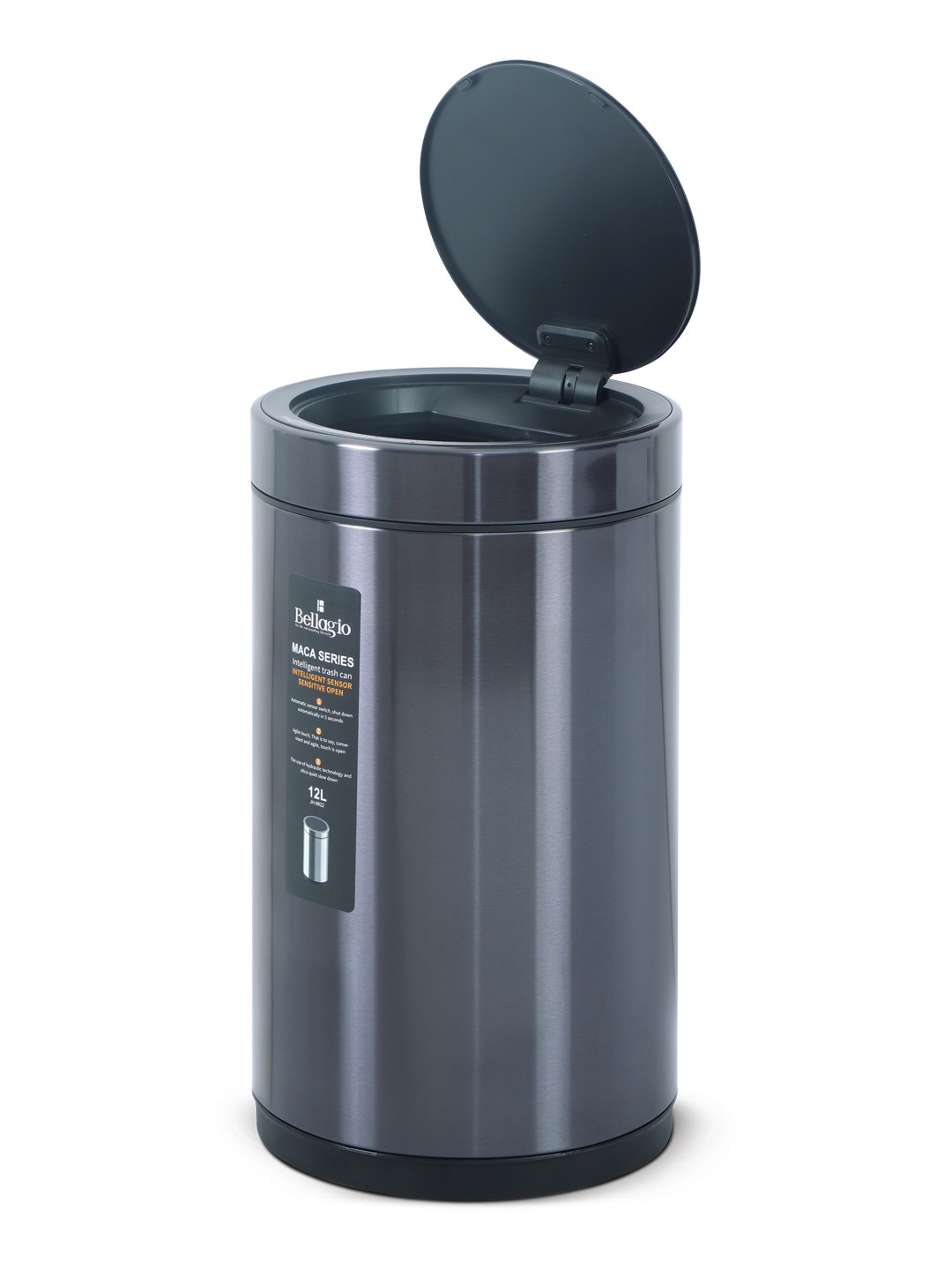 Bellagio BrushedBlack 12L Cylindrical Shape Sensor 410High-Quality Stainless Steel Intelligent Trash Can/DustBin