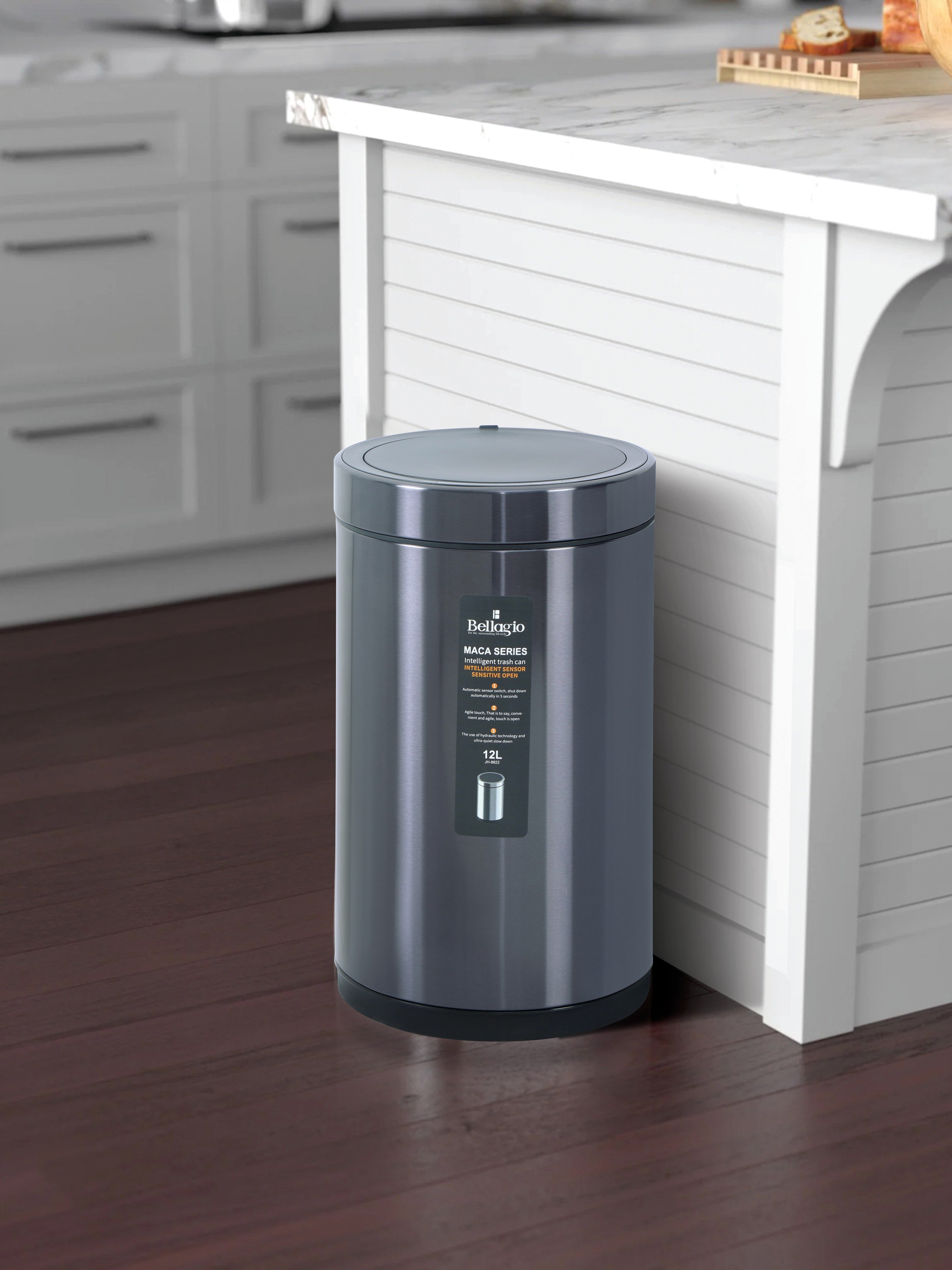 Bellagio BrushedBlack 12L Cylindrical Shape Sensor 410High-Quality Stainless Steel Intelligent Trash Can/DustBin