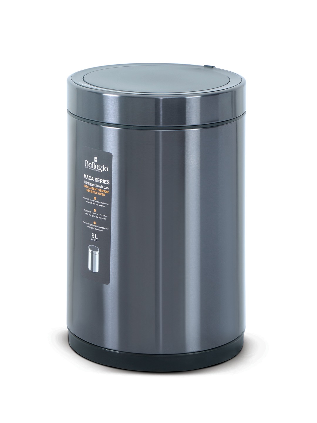 Bellagio BrushedBlack 12L Cylindrical Shape Sensor 410High-Quality Stainless Steel Intelligent Trash Can/DustBin