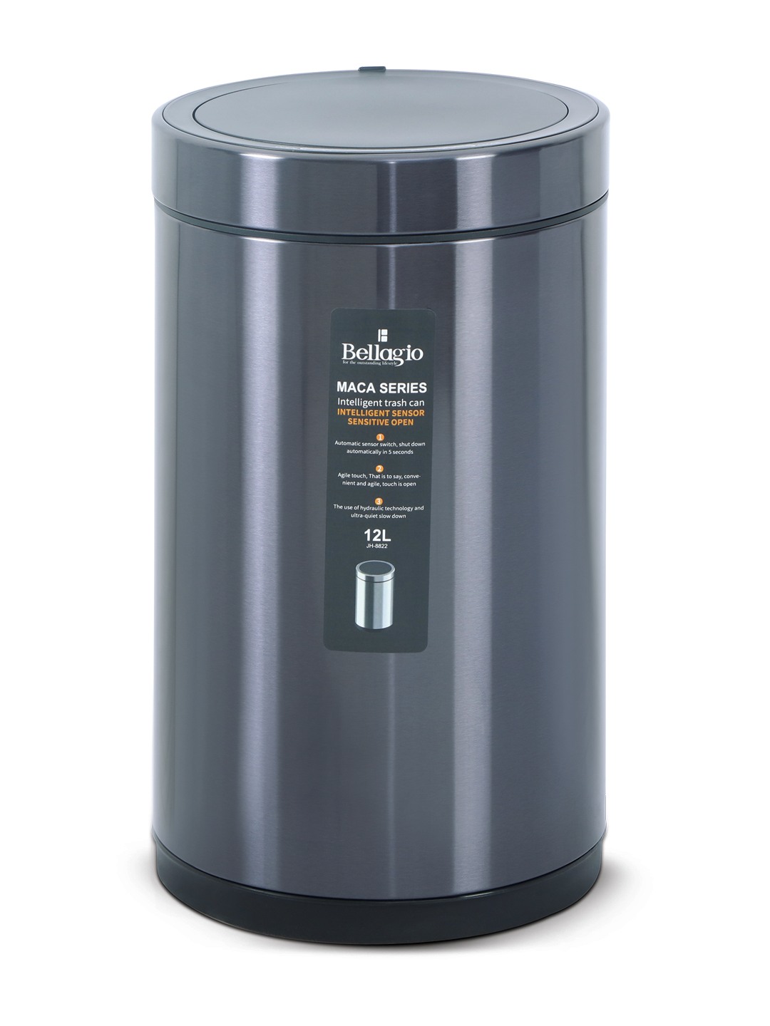 Bellagio BrushedBlack 12L Cylindrical Shape Sensor 410High-Quality Stainless Steel Intelligent Trash Can/DustBin