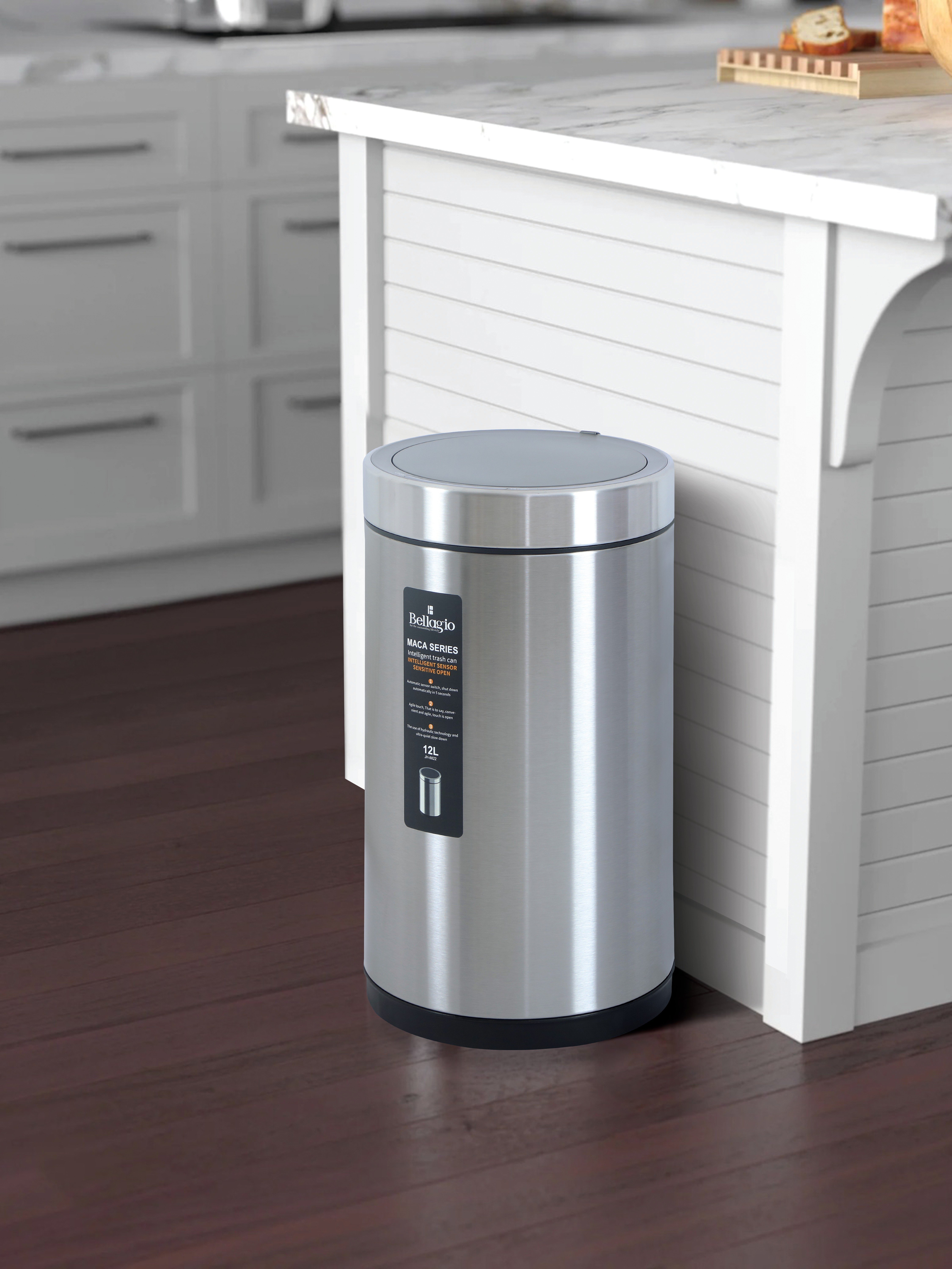 Bellagio MattSteel 12L Cylindrical Shape Sensor 410High-Quality Stainless Steel Intelligent Trash Can/DustBin