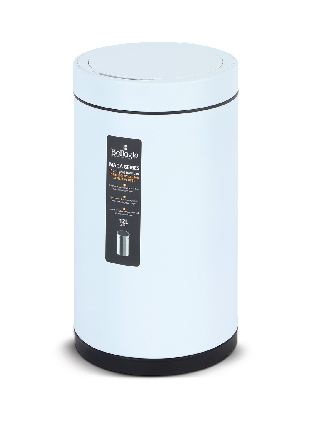 Bellagio White 12L Cylindrical Shape Sensor 410High-Quality Stainless Steel Intelligent Trash Can/DustBin