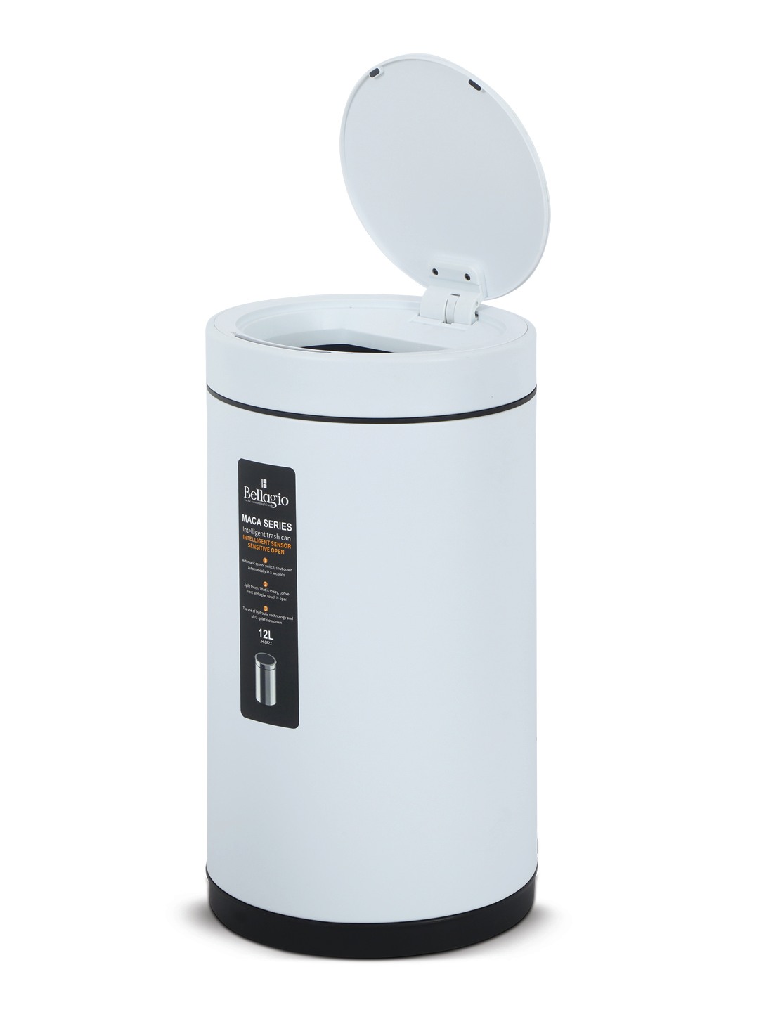Bellagio White 12L Cylindrical Shape Sensor 410High-Quality Stainless Steel Intelligent Trash Can/DustBin