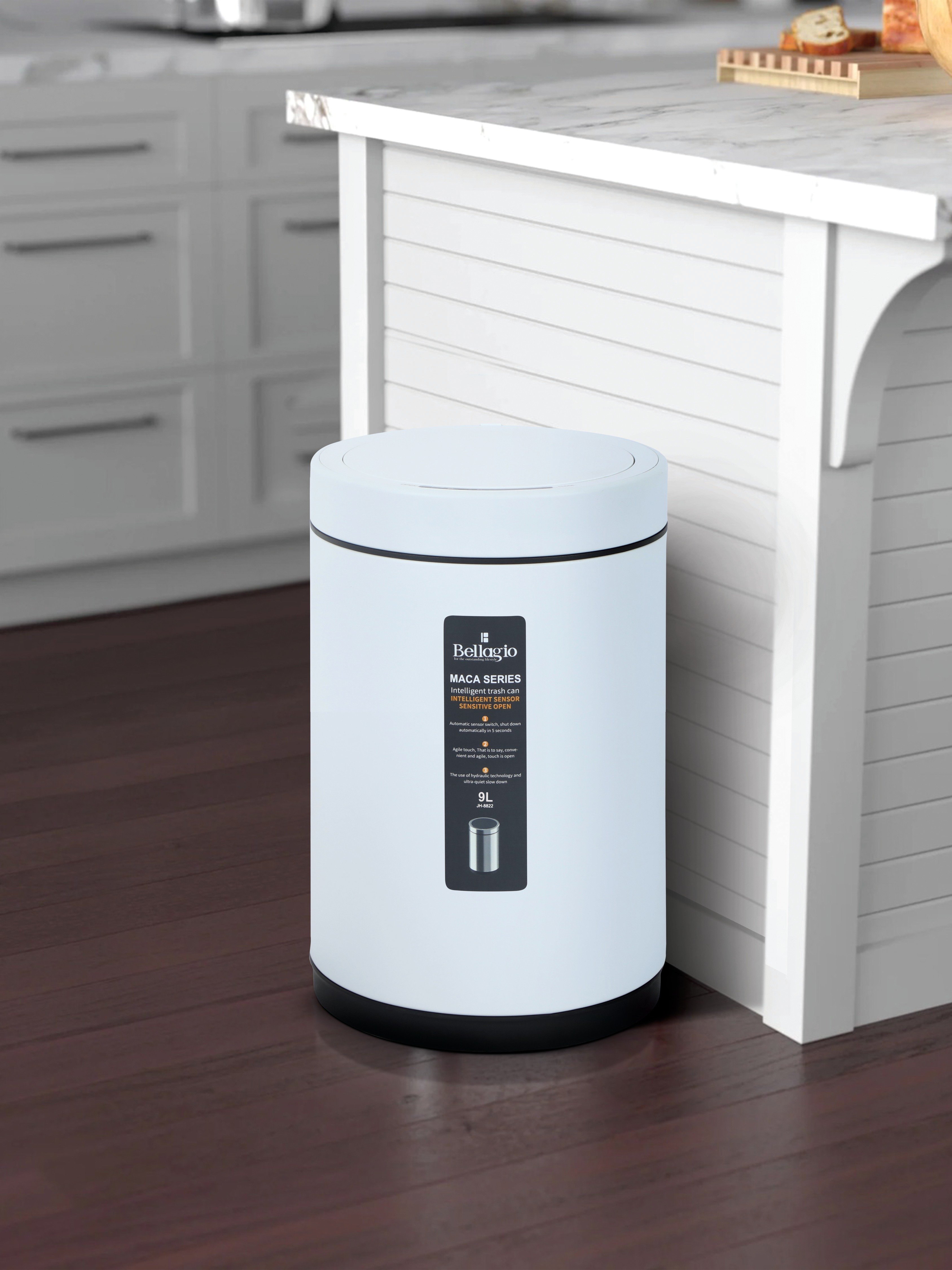 Bellagio White 12L Cylindrical Shape Sensor 410High-Quality Stainless Steel Intelligent Trash Can/DustBin