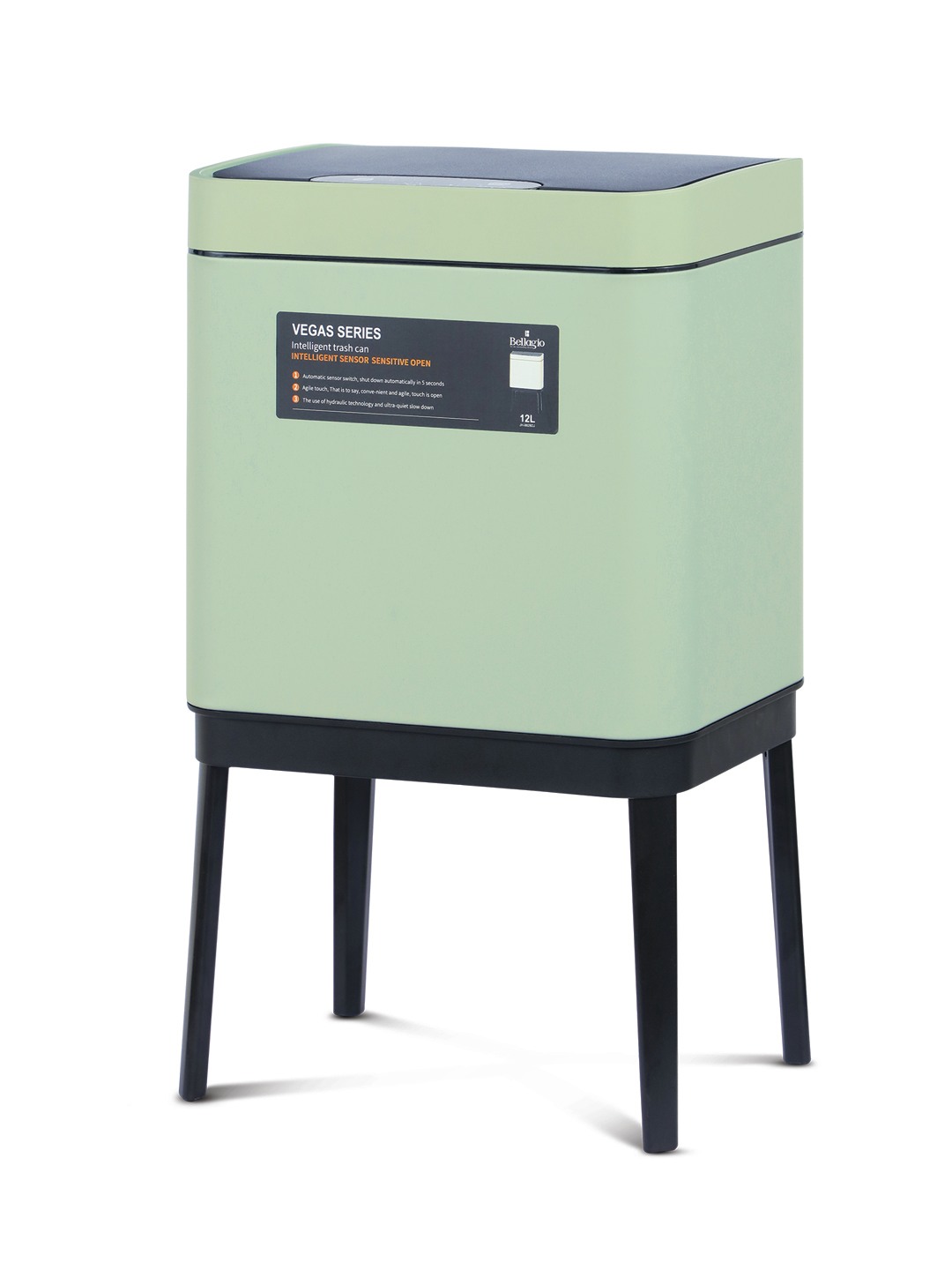 Bellagio Matcha Green 12L Sensor 410High-Quality Stainless Steel Intelligent Trash Can/DustBin With Legs