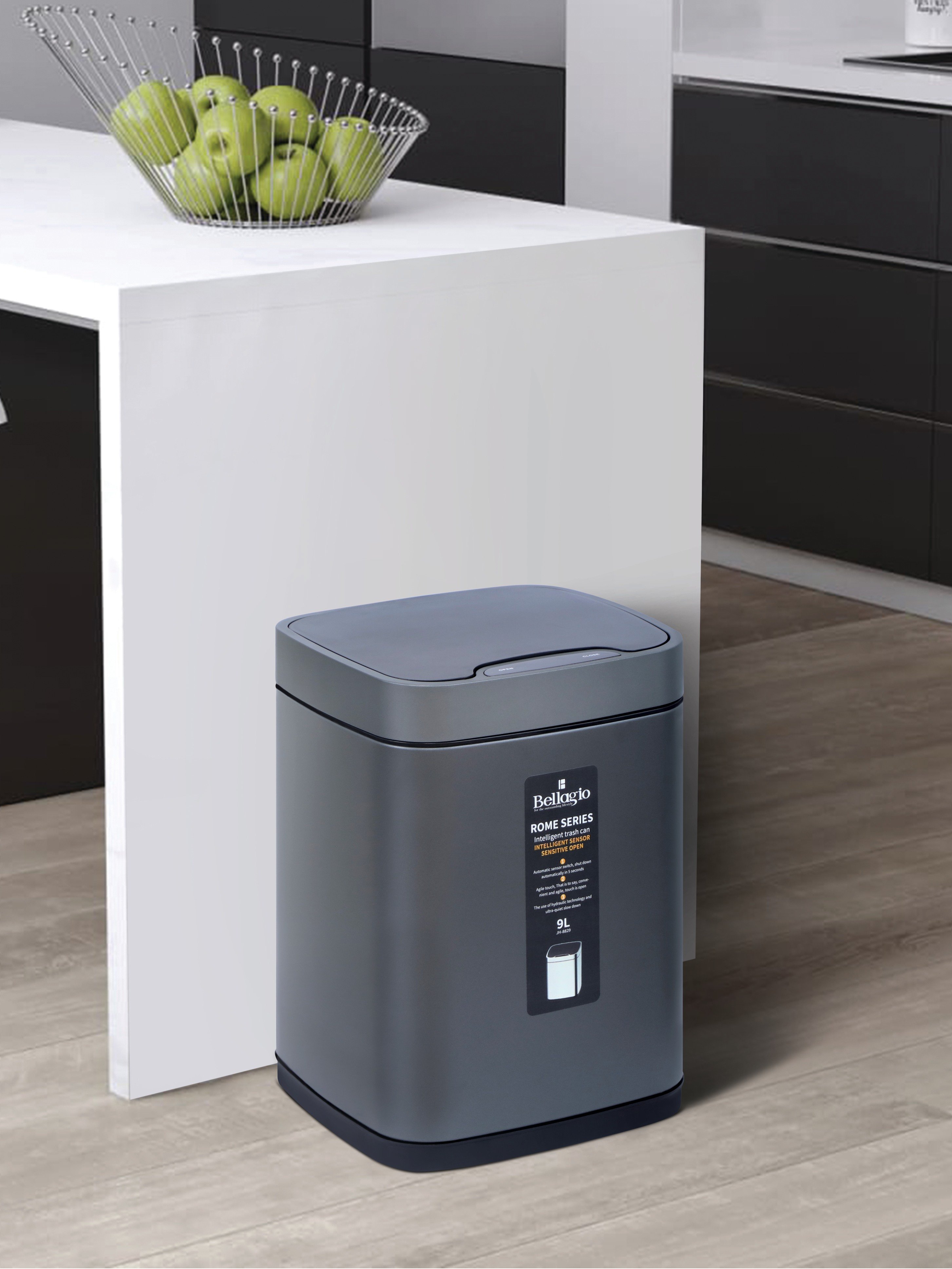 Bellagio Titanium Grey 9L Sensor 410High-Quality Stainless Steel Intelligent Trash Can/DustBin