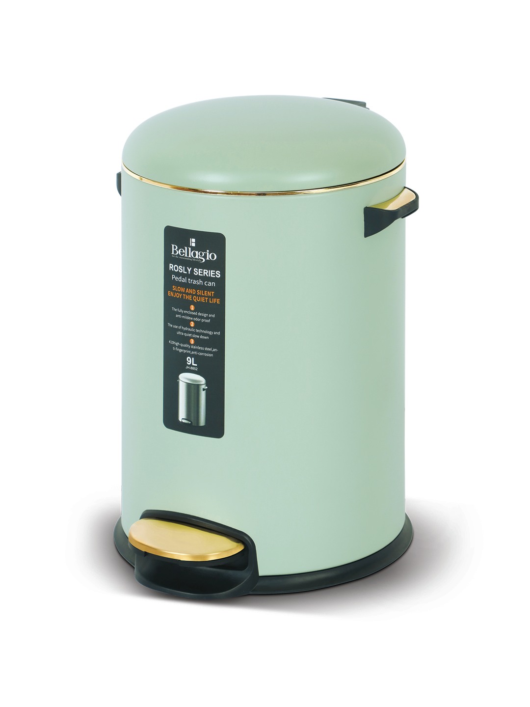 Bellagio Matcha Green 9L Dustbin 410High-Quality Stainless Steel Pedal Trash Can/DustBin With Plastic Bucket