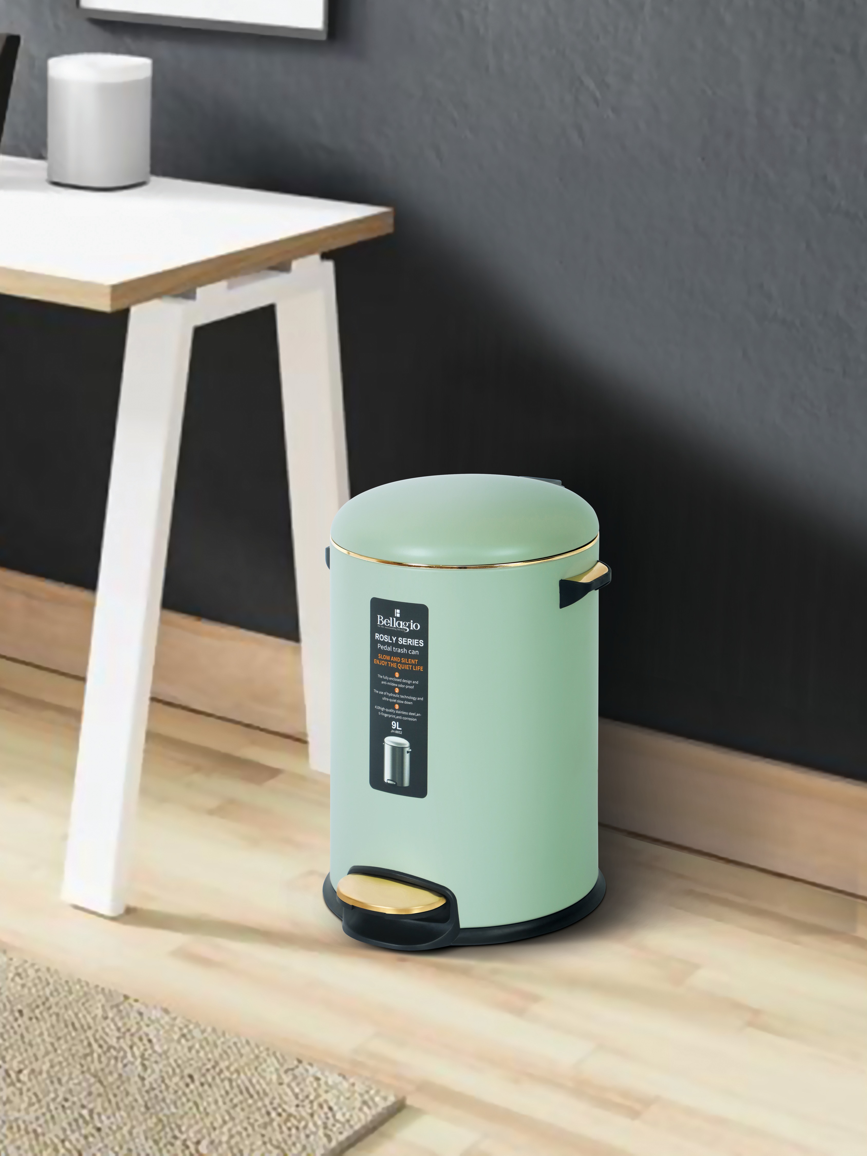 Bellagio Matcha Green 9L Dustbin 410High-Quality Stainless Steel Pedal Trash Can/DustBin With Plastic Bucket