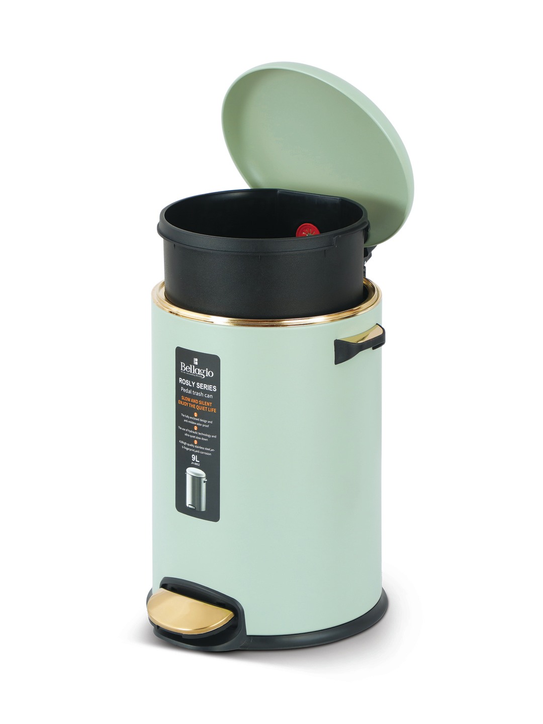 Bellagio Matcha Green 9L Dustbin 410High-Quality Stainless Steel Pedal Trash Can/DustBin With Plastic Bucket