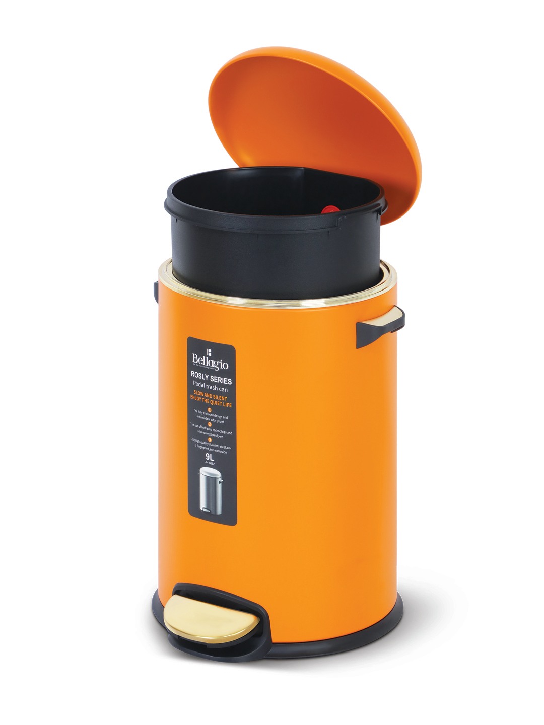 Bellagio Orange 9L Dustbin 410High-Quality Stainless Steel Pedal Trash Can/DustBin With Plastic Bucket