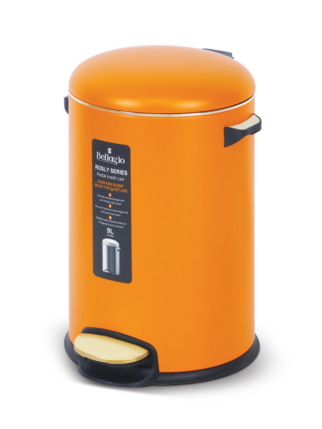 Bellagio Orange 9L Dustbin 410High-Quality Stainless Steel Pedal Trash Can/DustBin With Plastic Bucket