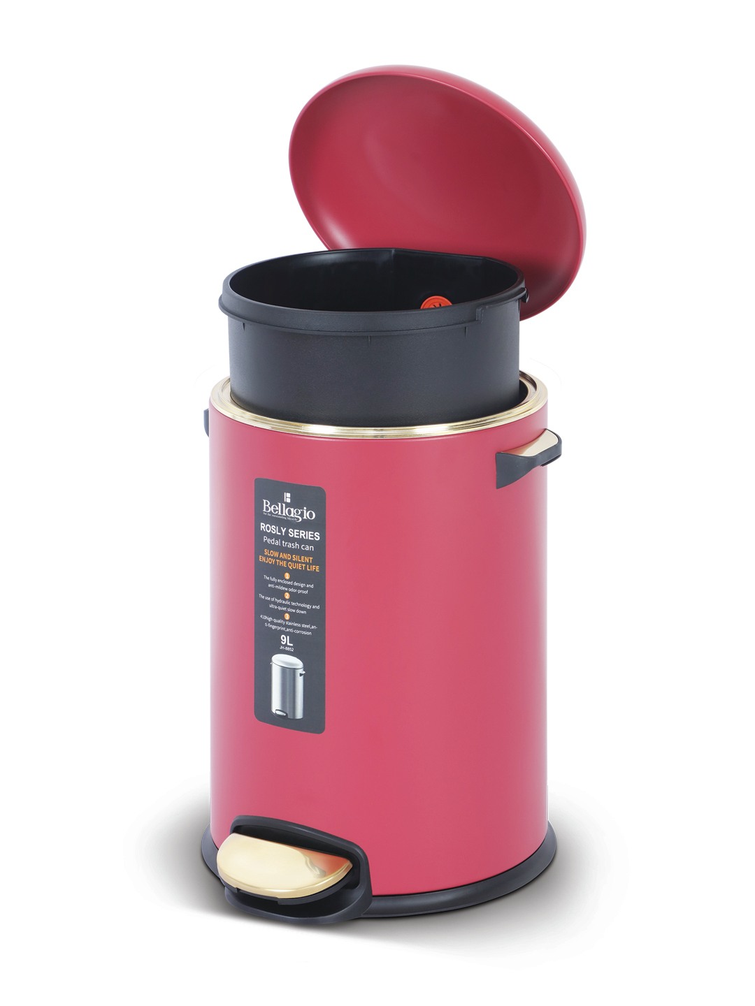 Bellagio Red 9L Dustbin 410High-Quality Stainless Steel Pedal Trash Can/DustBin With Plastic Bucket