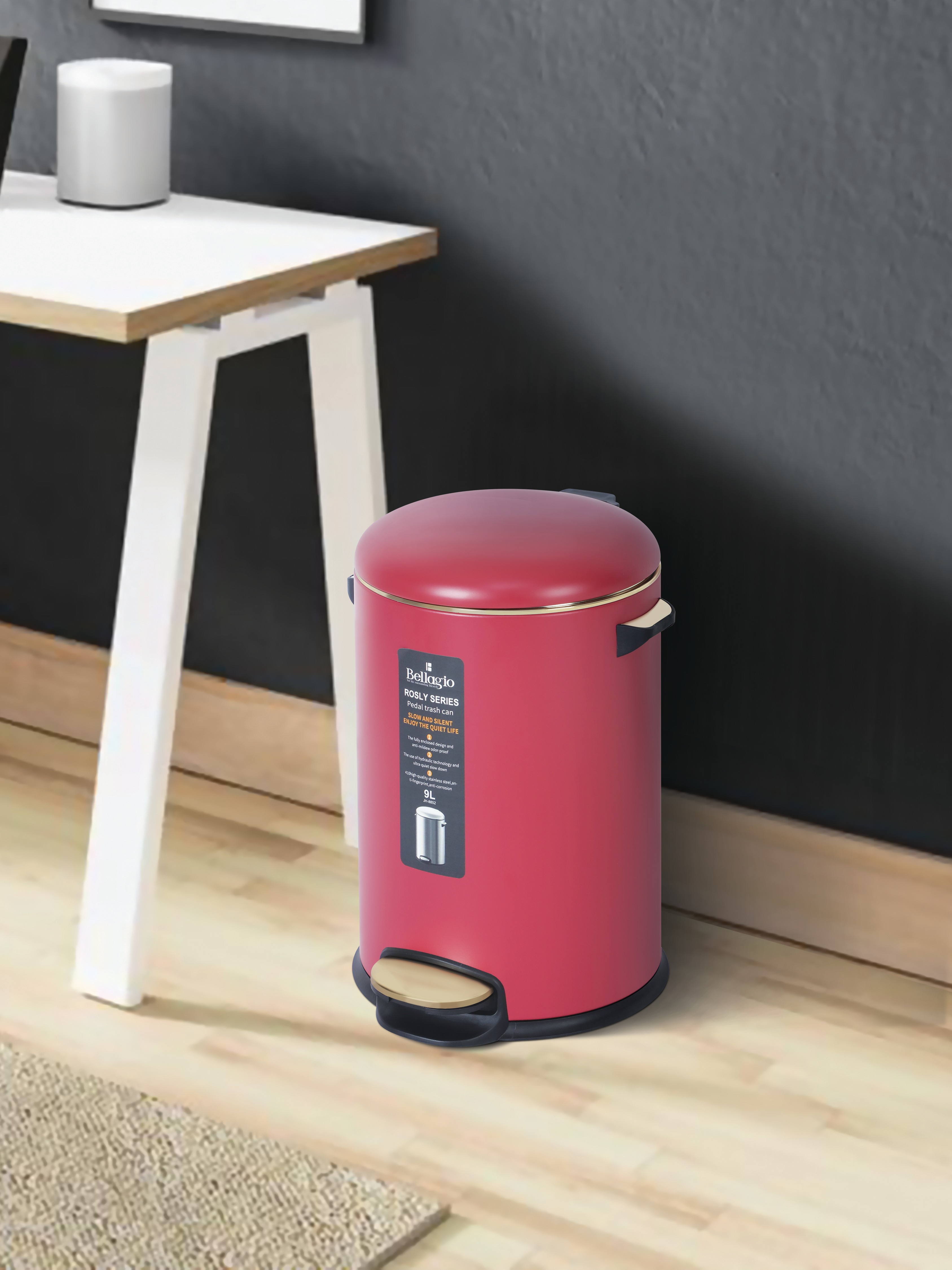 Bellagio Red 9L Dustbin 410High-Quality Stainless Steel Pedal Trash Can/DustBin With Plastic Bucket